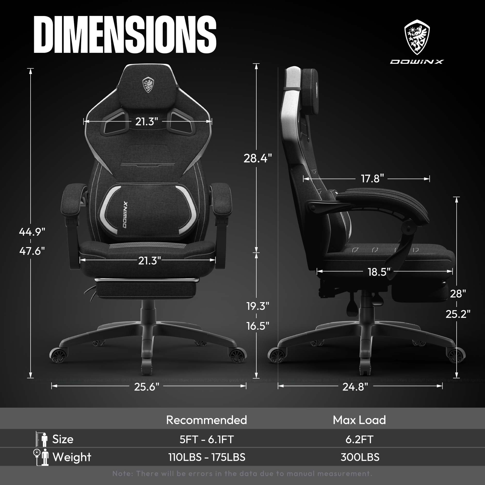 Dowinx Ergonomic Fabric Gaming Chair with Adjustable Footrest & Massage - Big and Tall Computer Chair for Adults up to 200lbs - Heavy Duty Gaming Chair with Headrest - Perfect for Office, Streaming & Esports (Black)