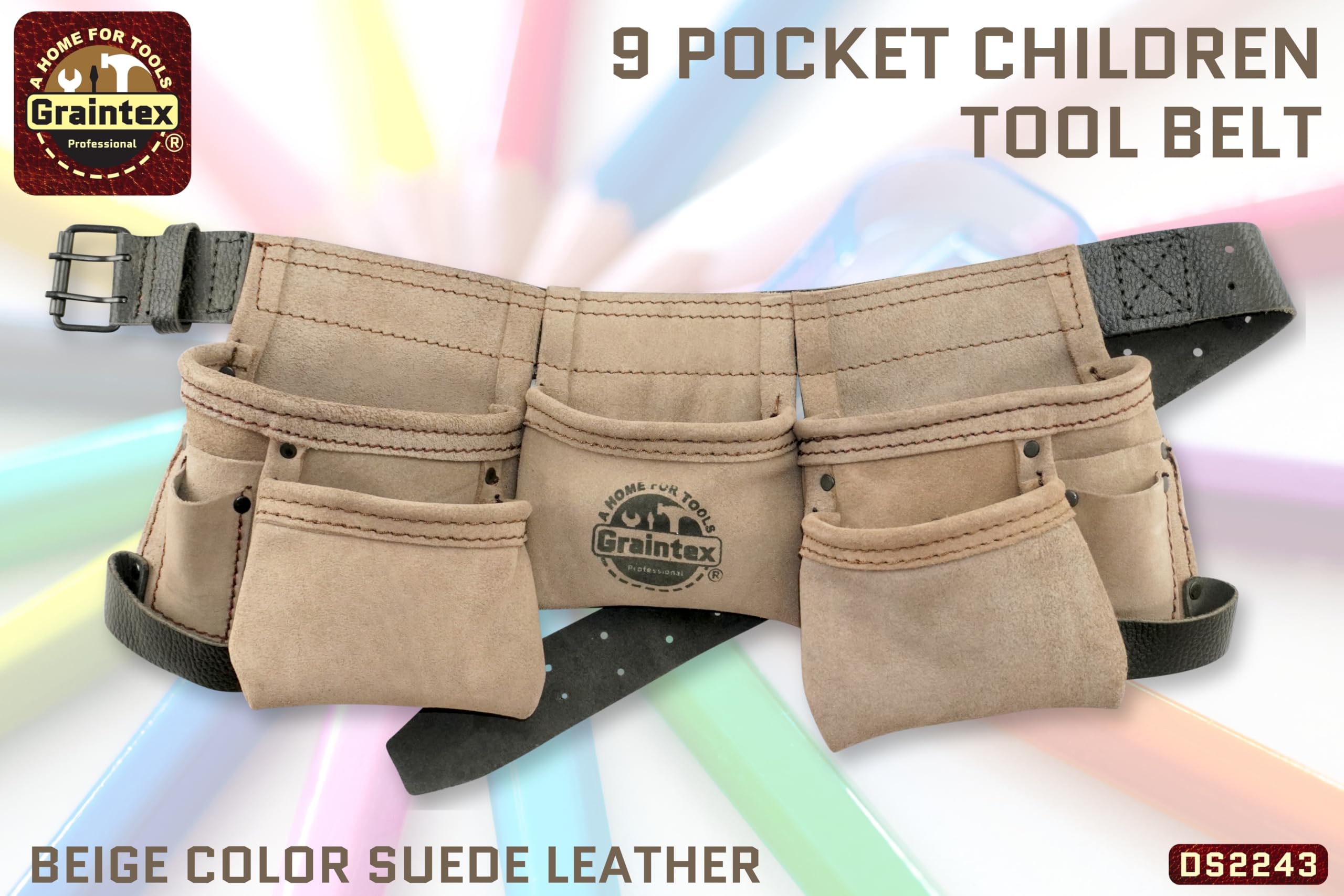 Graintex DS2243 Kids Real Suede Leather Tool Belt - 9 Pocket Adjustable Tool Apron for Boys & Girls, 1.5