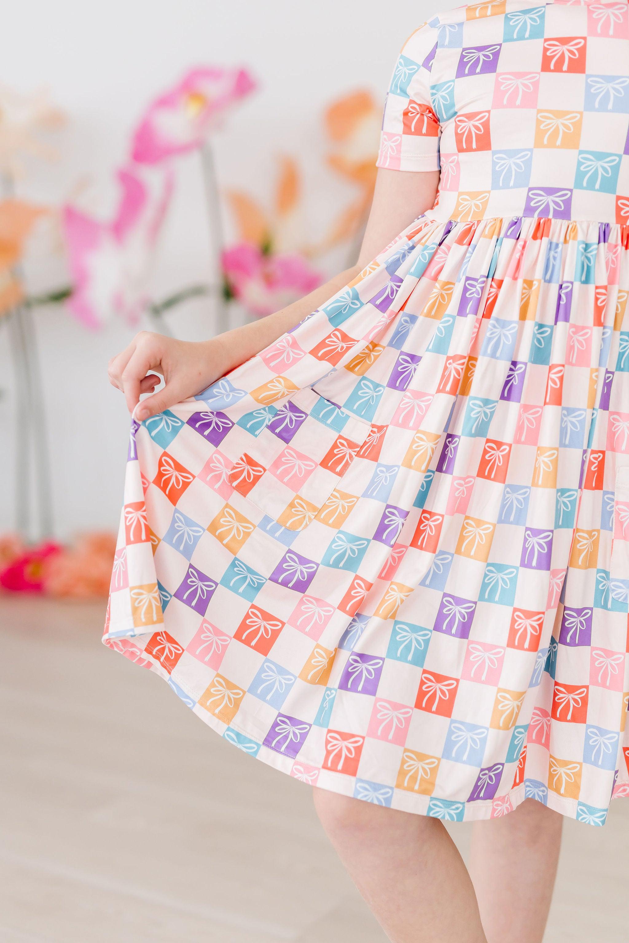 Rainbow Ribbon Short Sleeve Pocket Twirl Dress for Girls - Perfect for Birthday Parties, Dance Performances & Summer Outfits
