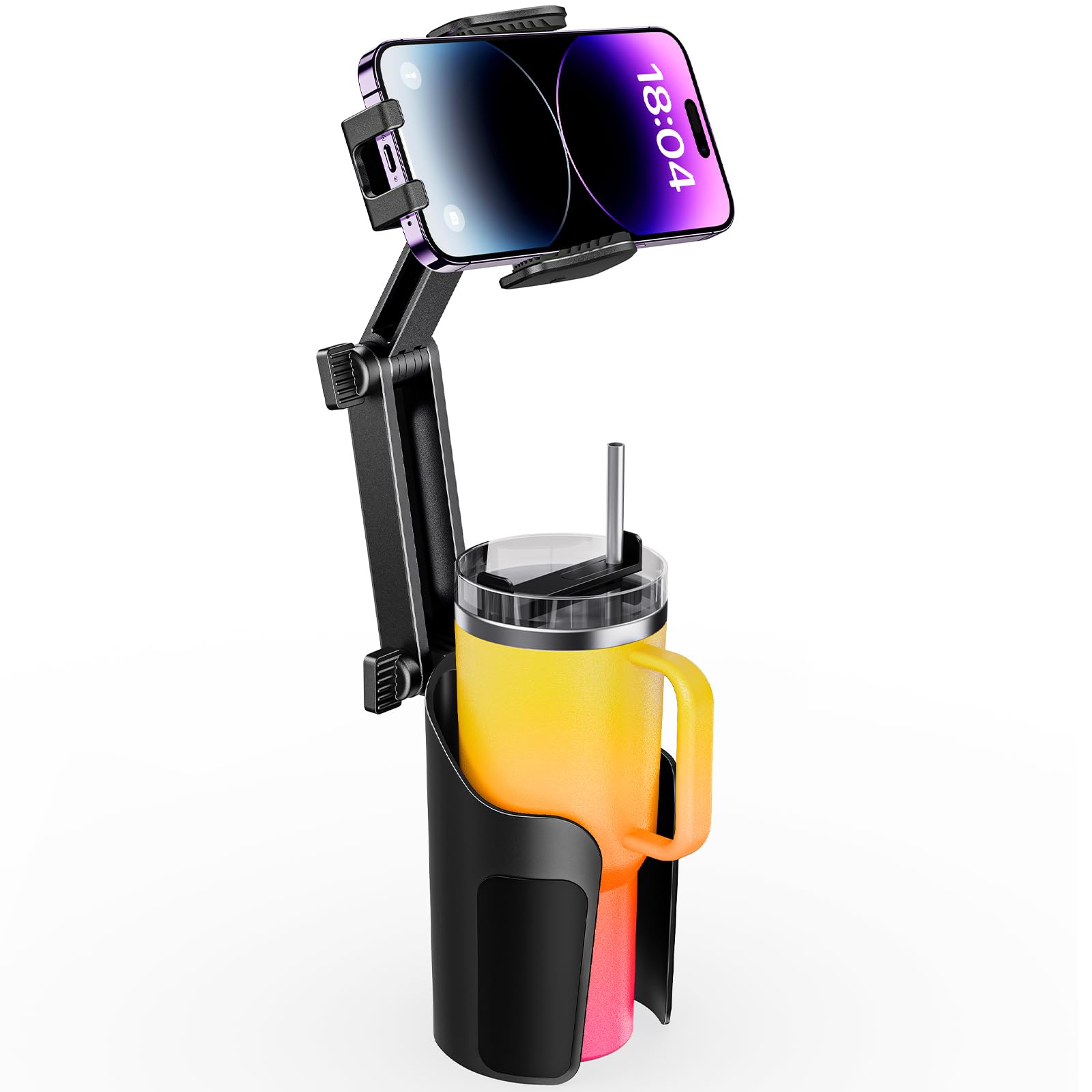 2-in-1 Car Cup Holder and Phone Mount - Adjustable Height, Sturdy Grip for 4-7 Inch Phones, Compatible with Most Beverage Bottles | Perfect for Road Trips, Commuting, and Hands-Free Navigation