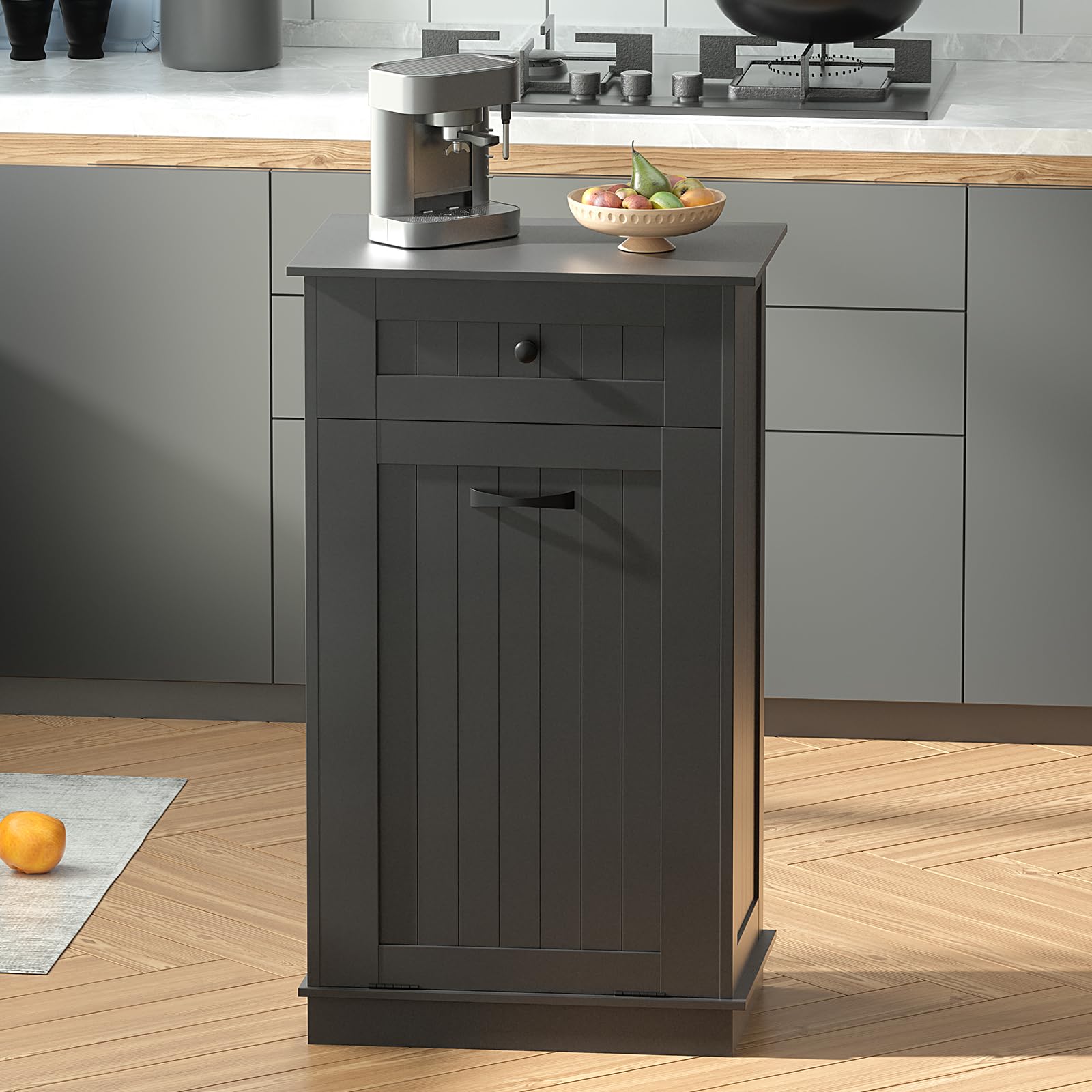 Wooden Tilt-Out Trash Cabinet - Dog Proof Garbage Can Holder with Laundry Hamper - Kitchen Island Organizer in Black - Perfect for Pet Owners & Small Space Kitchens