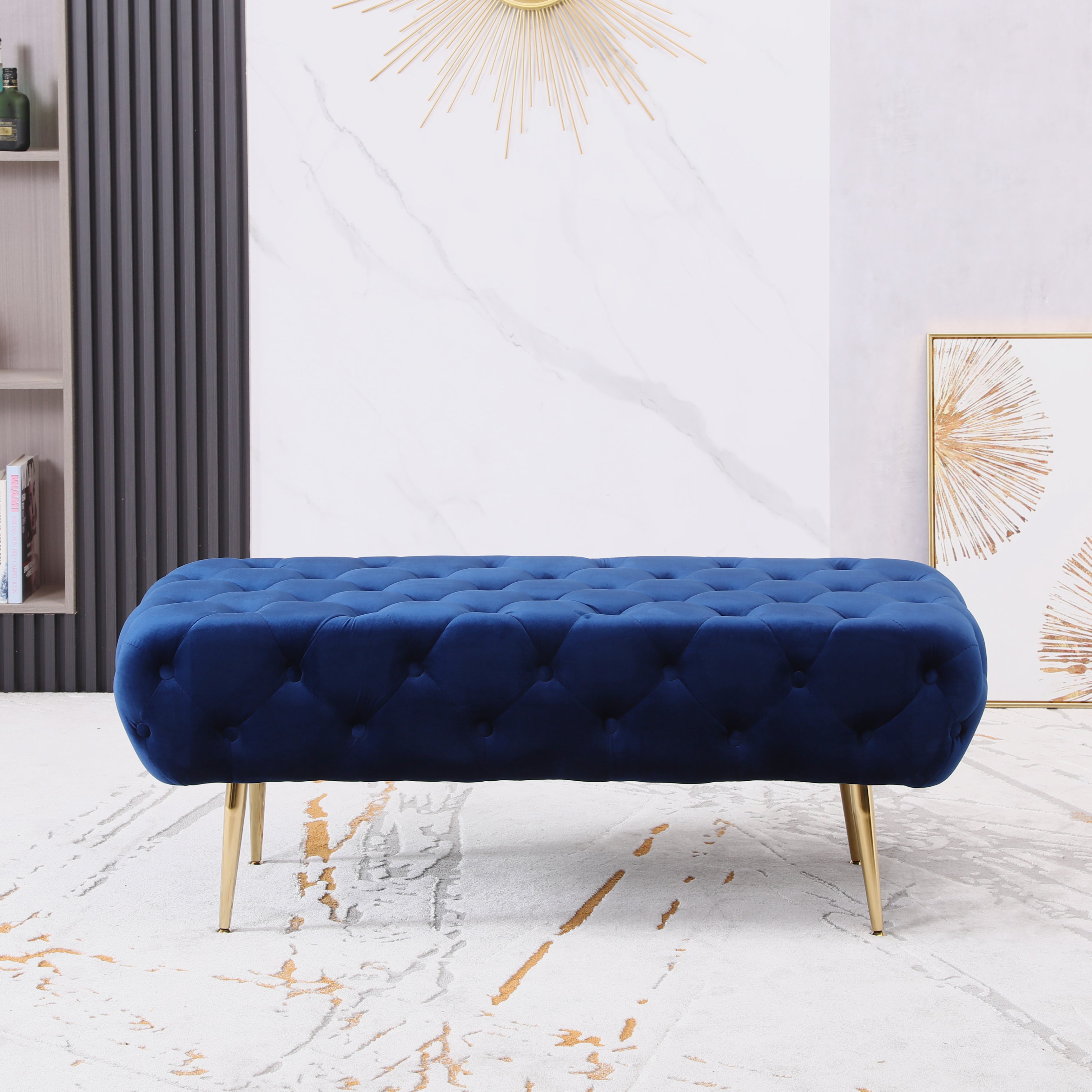 Roundhill Furniture Sira Velvet Button Tufted Bench with Gold Metal Legs - Luxurious Blue Upholstered Seat for Bedroom, Living Room & Entryway Decor