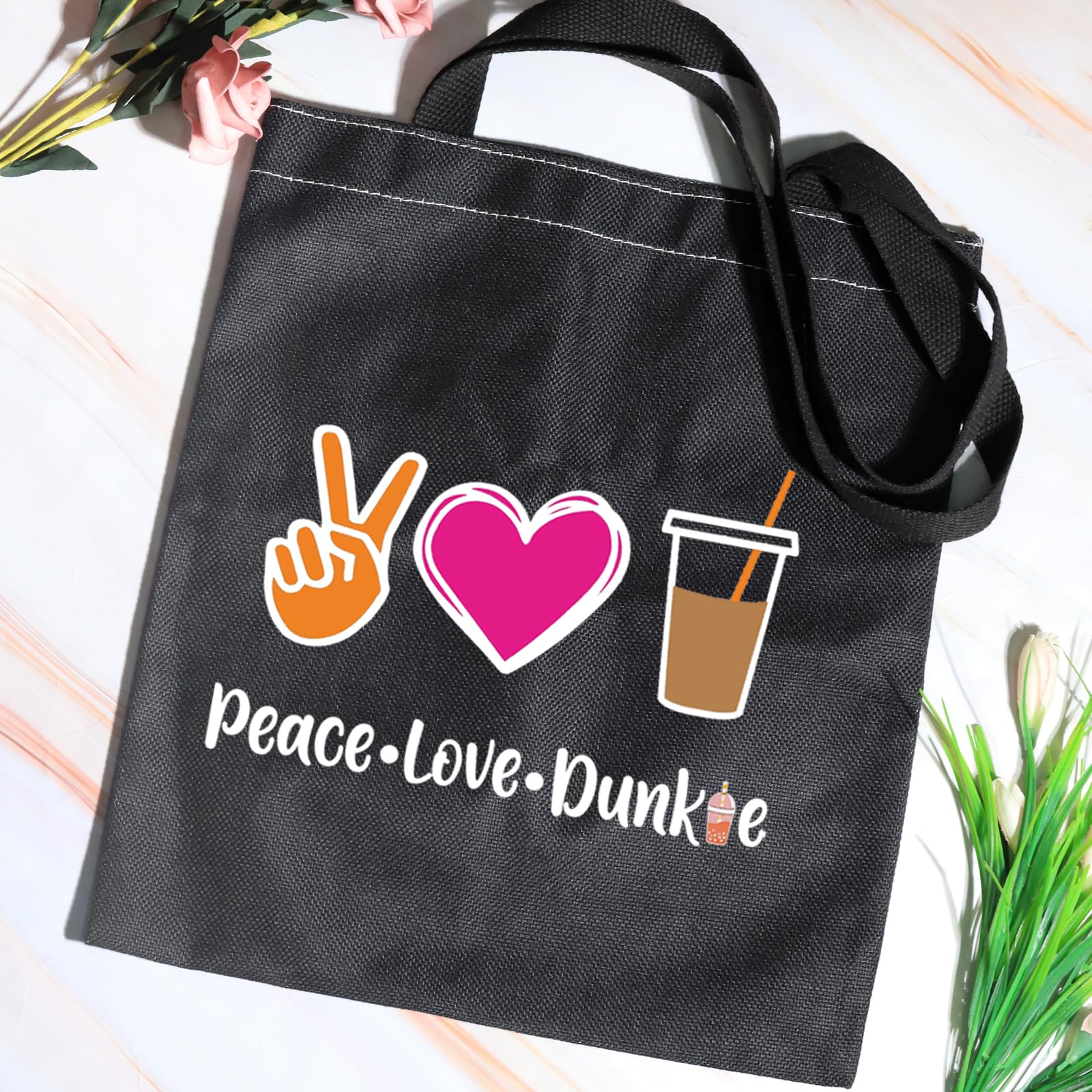 JXGZSO Peace Love Donut Junkie Tote Bag - Cute Coffee & Donuts Themed Cosmetic Pouch - Perfect Gift for Donut Lovers, Coffee Enthusiasts & Shopping - Great for Makeup Storage, Travel Essentials & Daily Use