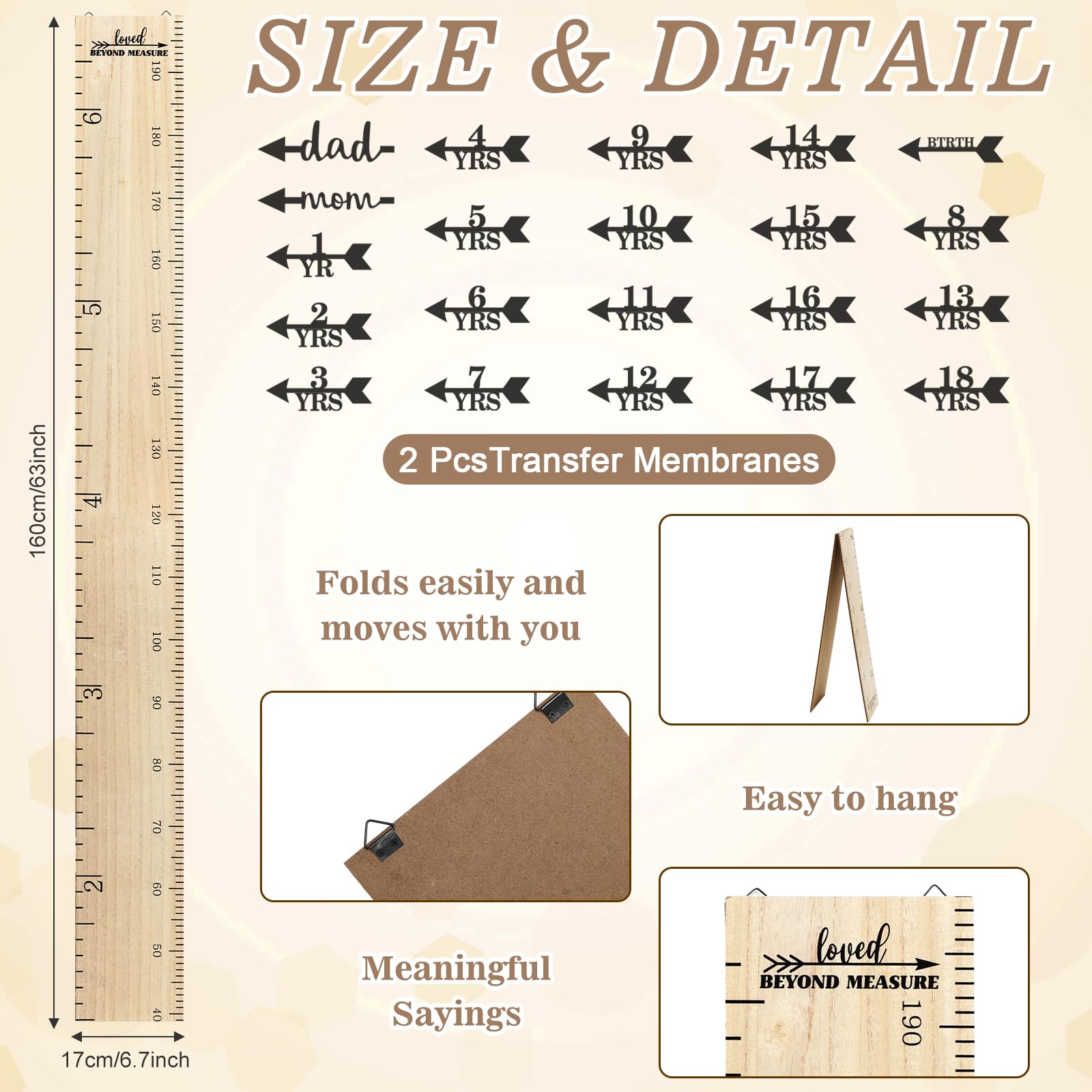 Eersida Classic Wooden Growth Chart for Kids - Nursery Wall Decor for Boys & Girls - Height Measurement Ruler for Room & Home Hanging Decor - Perfect for Baby Showers, Birthdays & Milestone Tracking