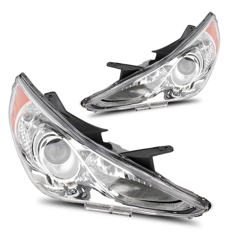 2011-2014 Hyundai Sonata Replacement Headlight Assembly - Chrome Housing with Amber Reflector & Clear Lens - Perfect for Night Driving and Foggy Conditions