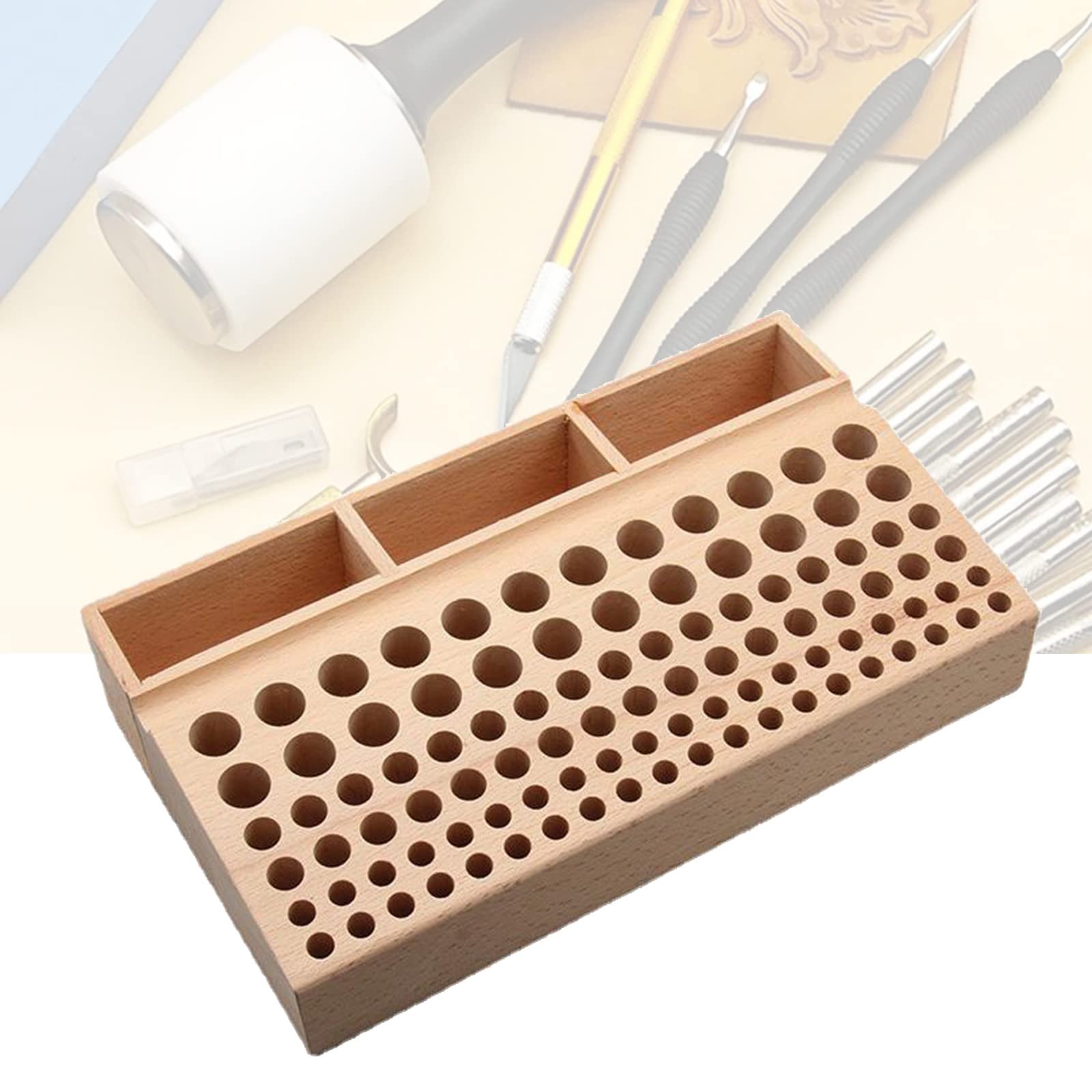 Premium Leather Craft Tool Organizer - 98 Hole Wooden Leatherworking Tool Stand with 3 Storage Slots | Large Leather Craft Storage Rack for Sewing, Stamping & Carving Tools | Perfect for Workshops & DIY Leather Projects