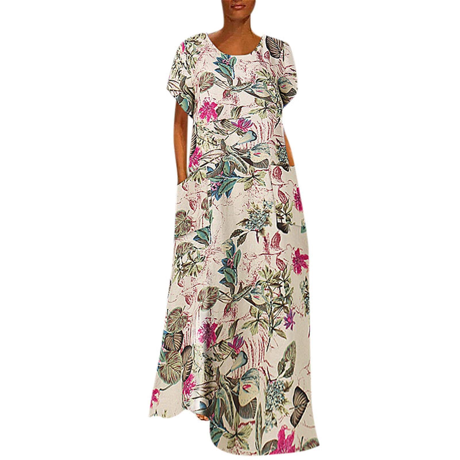 ETHKIA Women's Casual Floral Print Round Neck Half Sleeve Long Dress - Summer Beach Dress for Ladies, Perfect for Vacation, Party & Everyday Wear
