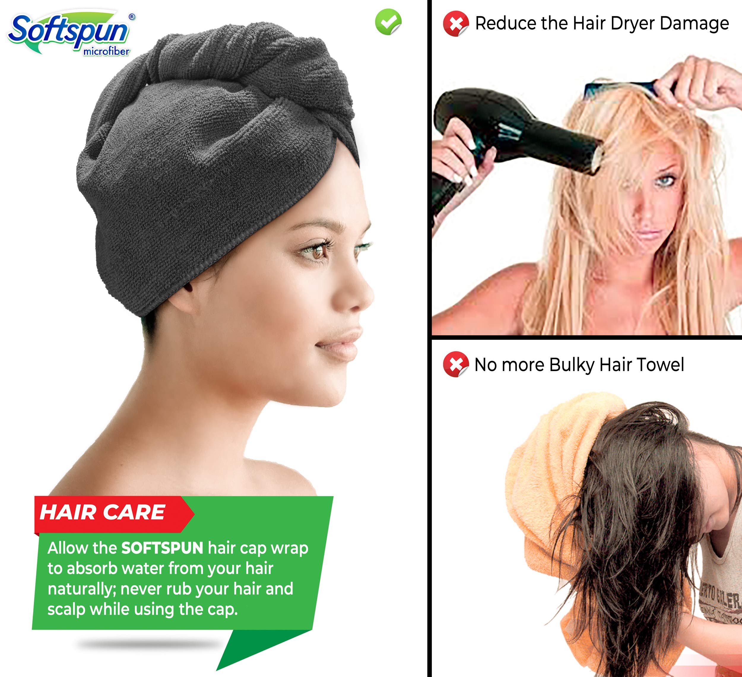 SOFTSPUN Microfiber Hair Towel Wrap - Super Absorbent Quick Dry Hair Turban for Women & Men (70x25cm, 340 GSM, Grey) - Perfect for Straight, Curly, Short or Long Hair - Salon Quality Hair Drying Cap for Shower, Gym & Travel