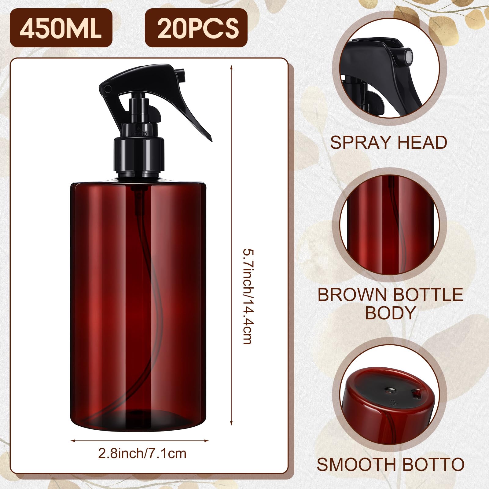 20 Pack 16 oz Amber Glass Spray Bottles - Refillable Plastic Bottles with Trigger Sprayers for Essential Oils, Hair Care, Cleaning Products & Water - Perfect for DIY, Home, Salon & Garden Use