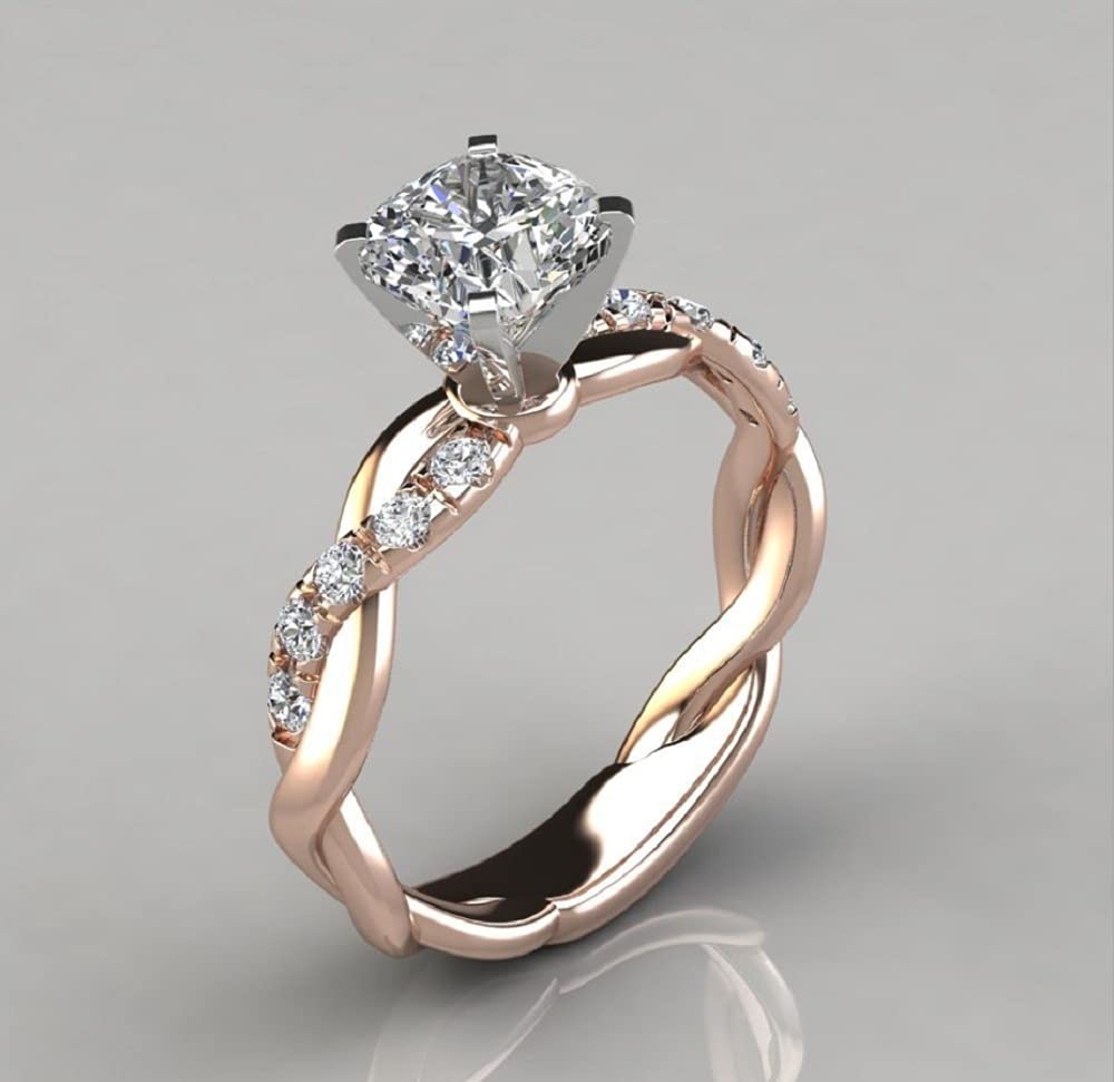 18K Rose Gold Two-Tone Princess Cut Cubic Zirconia Diamond Ring - Stackable Twisted Wedding Band & Engagement Ring for Women (Size 6) - Perfect for Proposals, Anniversaries & Bridal Jewelry Sets
