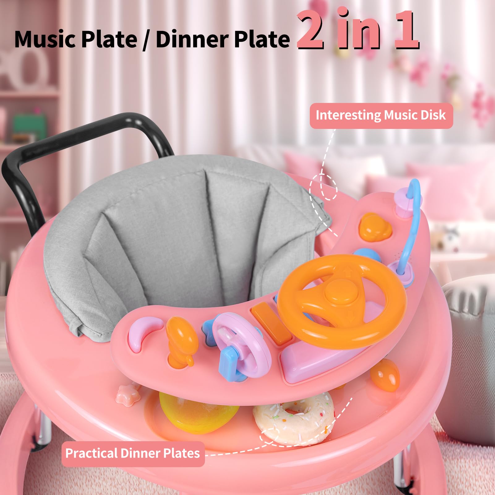 Foldable 9-Speed Adjustable Baby Walker with Wheels & Music - Anti-Fall Infant Activity Center with Foot Pads for Boys & Girls 6-24 Months | Perfect for Learning to Walk & Indoor Playtime
