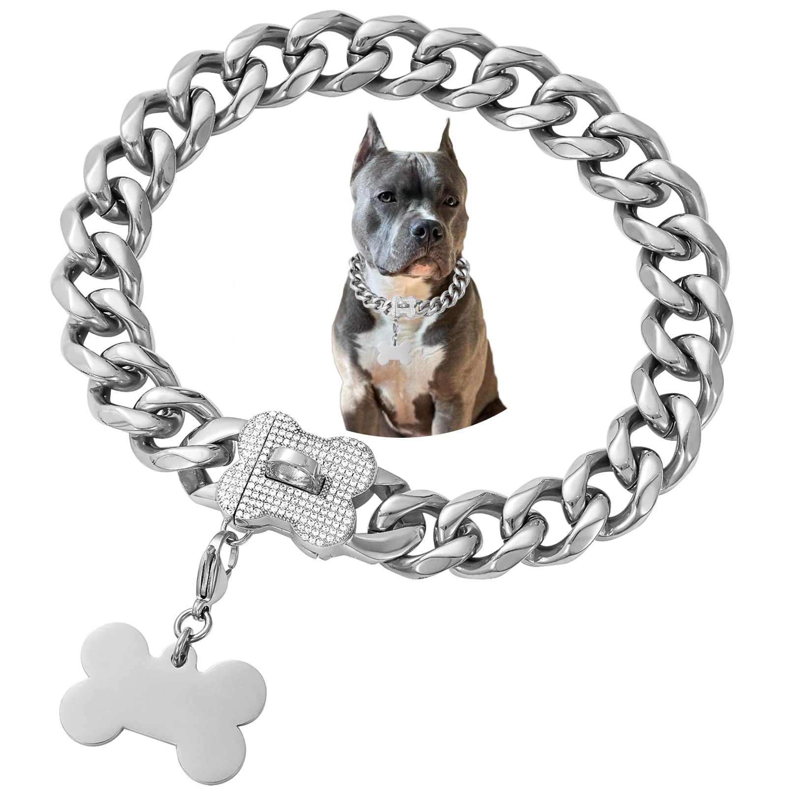 Premium Silver Cuban Link Dog Collar for Medium & Large Breeds - Heavy Duty Chain Collar for Bulldogs, Pitbulls & Outdoor Walking - Perfect for Training, Daily Walks & Fashion Accessories