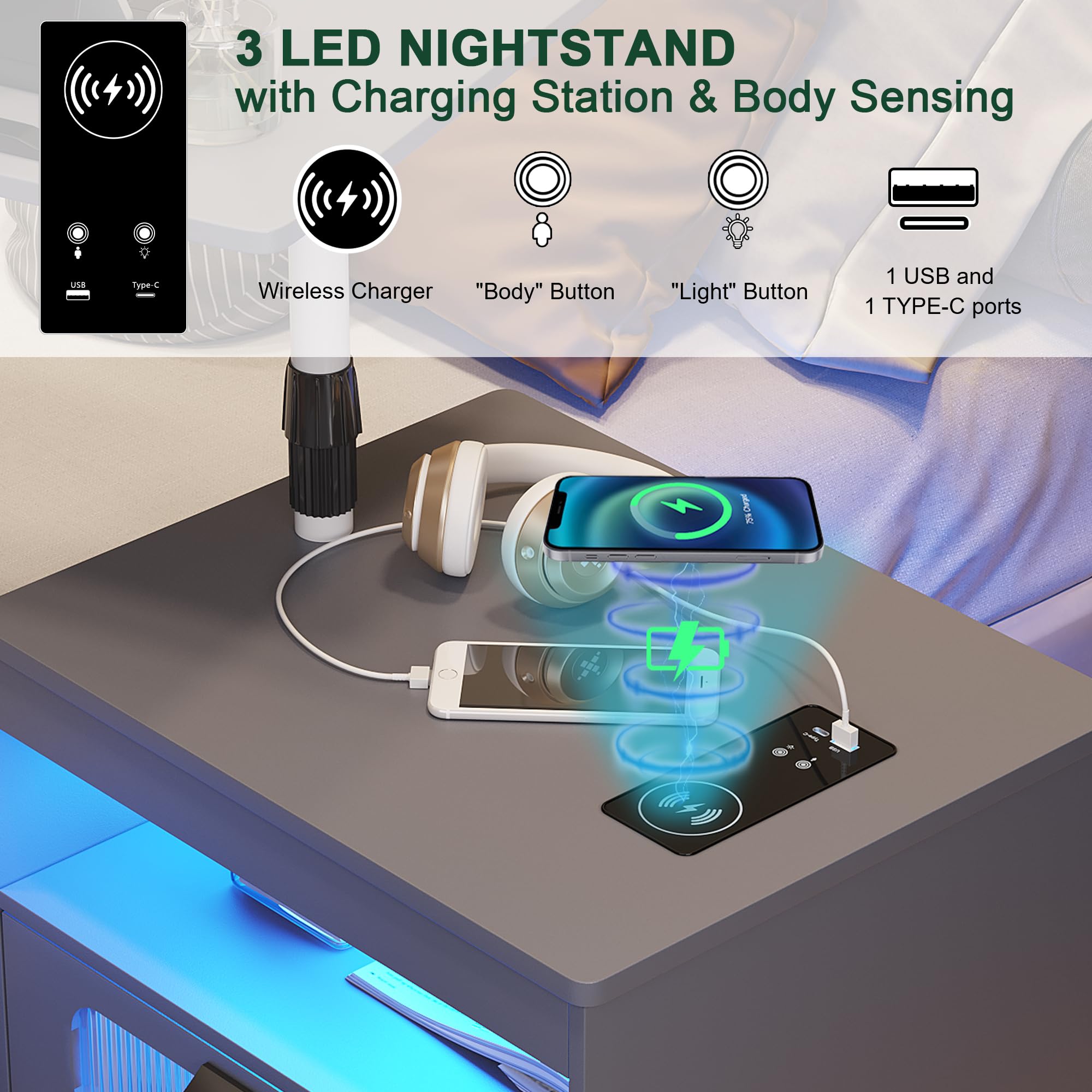 Wireless Charging Nightstand with LED Lights & Adjustable Rotary Workstation - Modern Smart Bedside Table with 2 Drawers, Sensor Light & Wheels for Bedroom (Grey) - Perfect for Charging Devices & Organizing Essentials by Your Bed