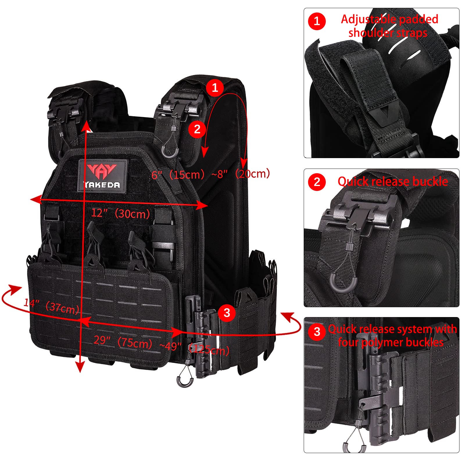 YAKEDA 1000D Nylon Tactical Vest for Men - Quick Release Laser-Cut Modular Lightweight Outdoor Vest, Black, One Size (Fits Backpack) - Perfect for Hiking, Camping, Airsoft & Military Training