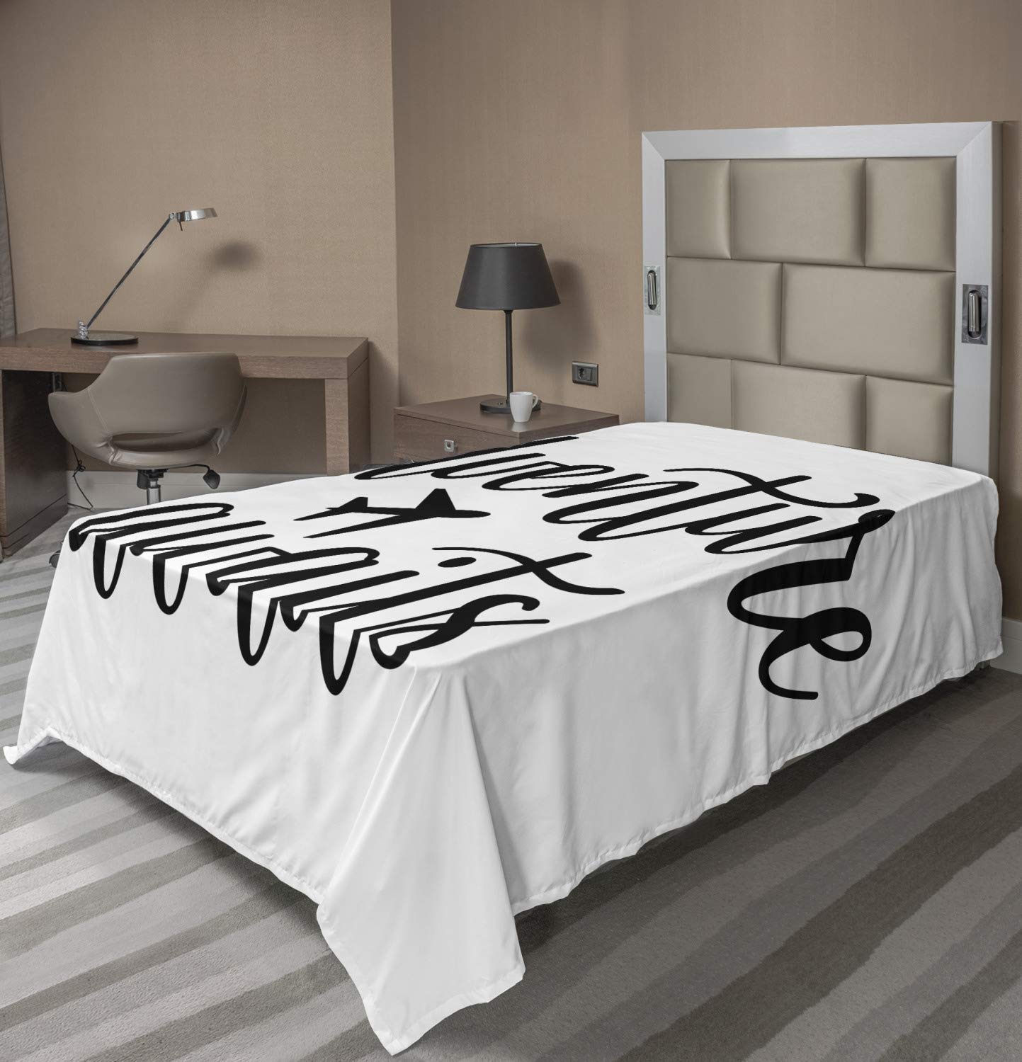 Ambesonne Travel Themed Flat Sheet - Airplane & New Destinations Monochrome Design | Soft Comfortable Twin Size Top Sheet | Perfect for Vacation Homes, Dorm Rooms & Guest Bedrooms | White & Black Decorative Bedding