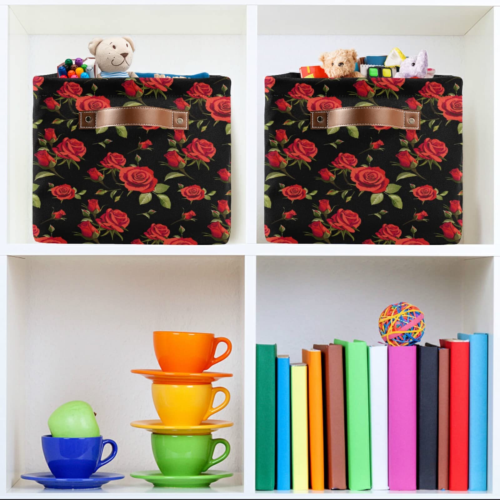 Red Rose Canvas Storage Basket - Large Collapsible Cube Organizer Bin for Home, Office & Closet (15