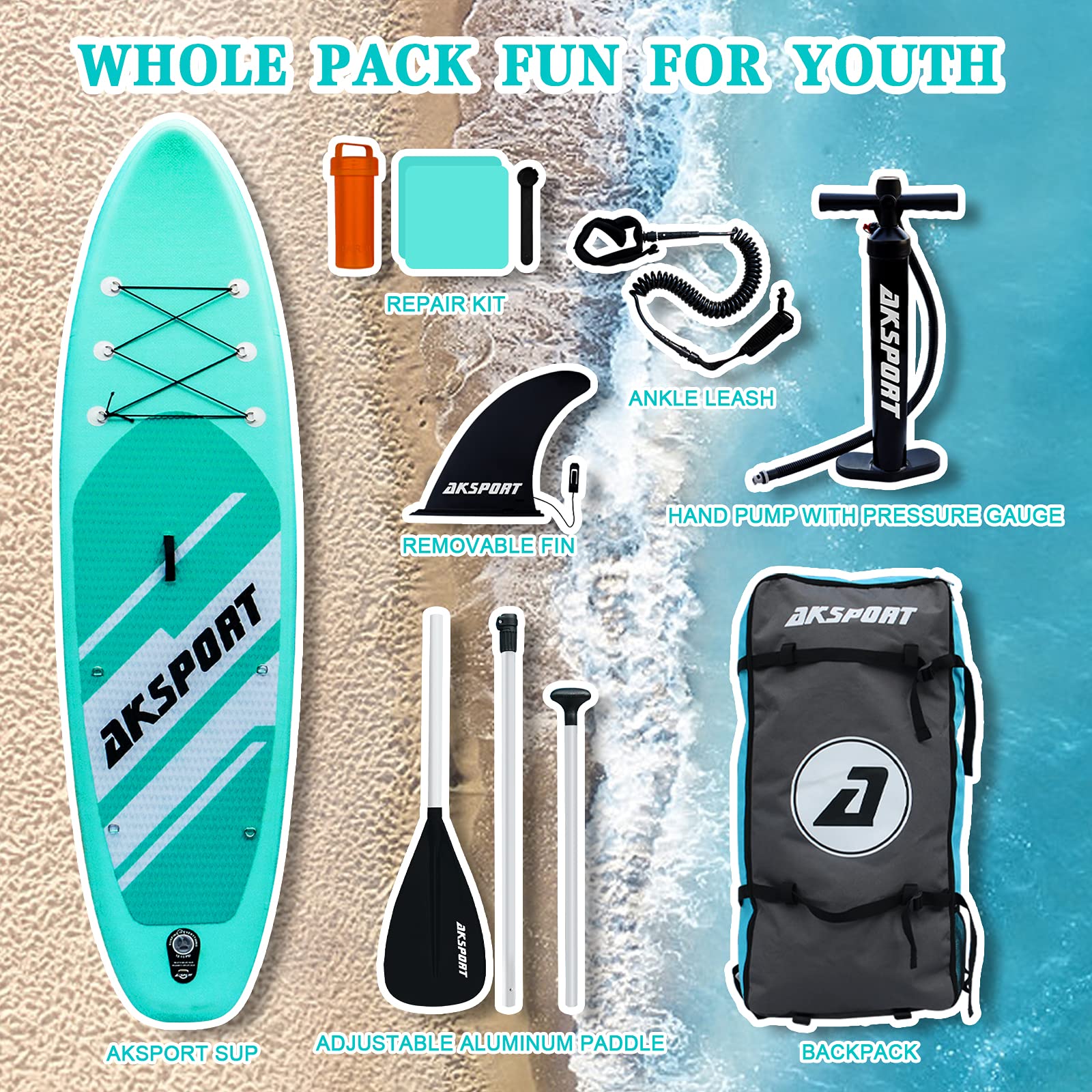 AKSPORT Inflatable Stand Up Paddle Board (SUP) with Premium Accessories Kit - Lightweight & Portable SUP Board for Adults & Youth - Perfect for Lakes, Rivers, Ocean & Yoga Paddling