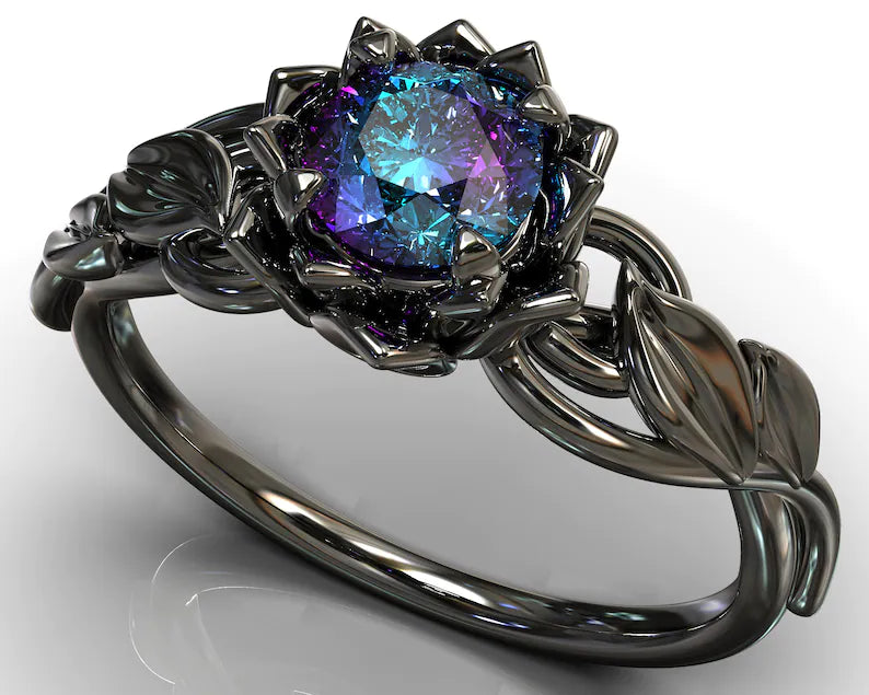 Exquisite Floral Alexandrite Engagement Ring in 14K Black Gold - Perfect for Proposals, Anniversaries & Romantic Occasions