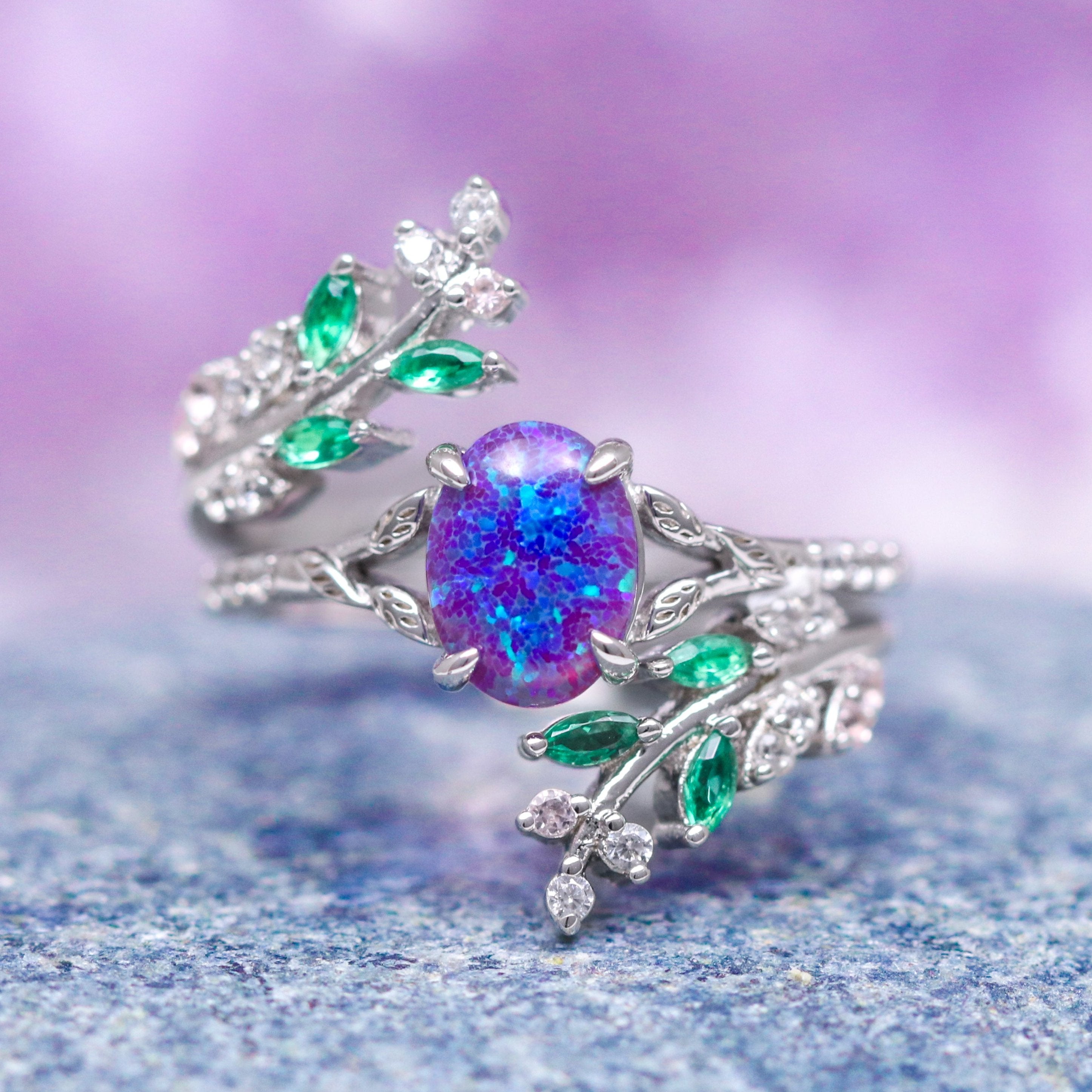 Lavender Opal & Emerald Fairy Leaf Ring Set - Sterling Silver Jewelry for Women, Nature-Inspired Boho Style Rings for Everyday Wear, Gift for Her, Wedding, Party & Special Occasions