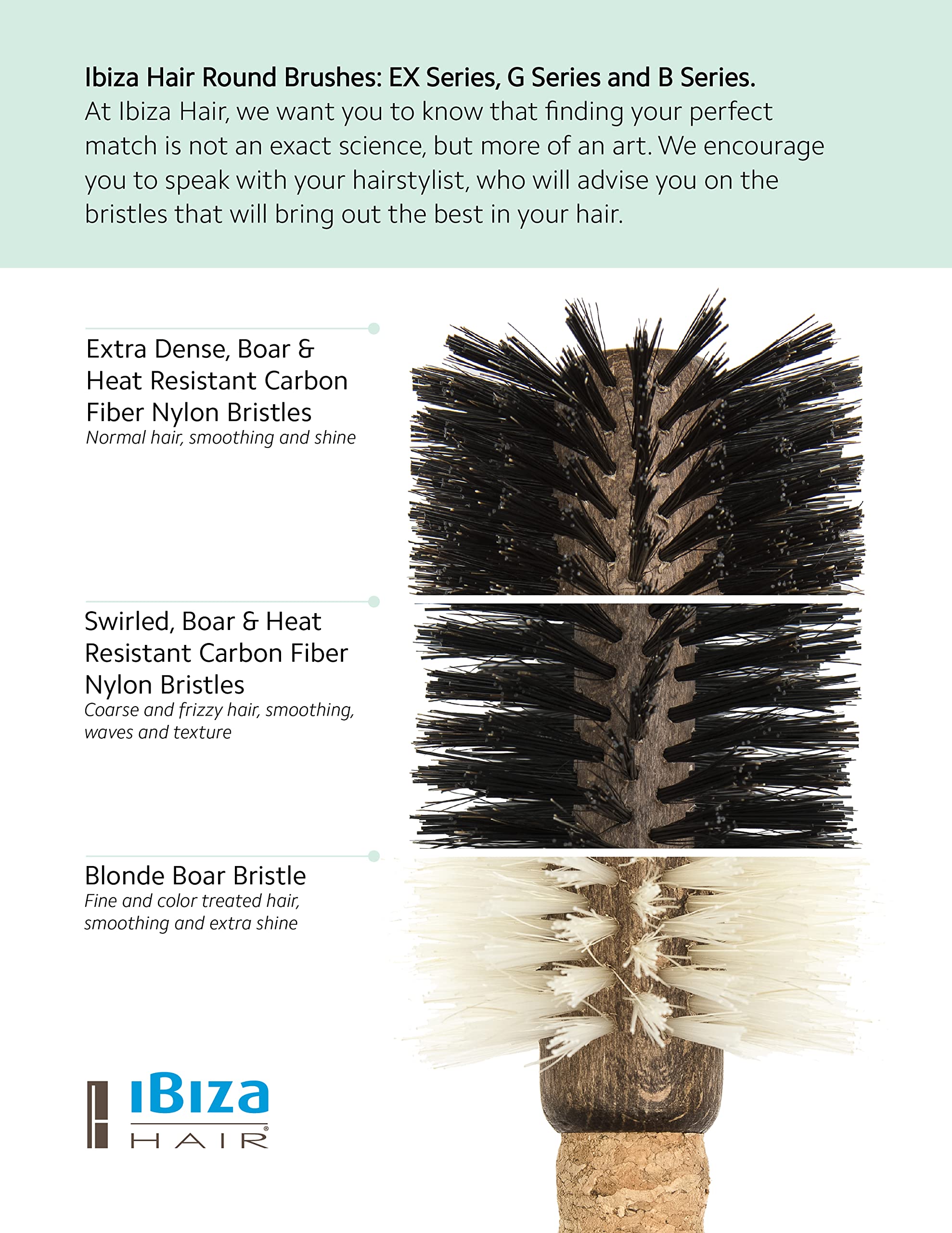 Ibiza Hair Round Boar Bristle Brush (EX Series) - Lightweight Reinforced Bristles & Cork Handle for Shine & Texture - Best for Medium to Long Hair Styling - Perfect for Salon, Home Use & Travel