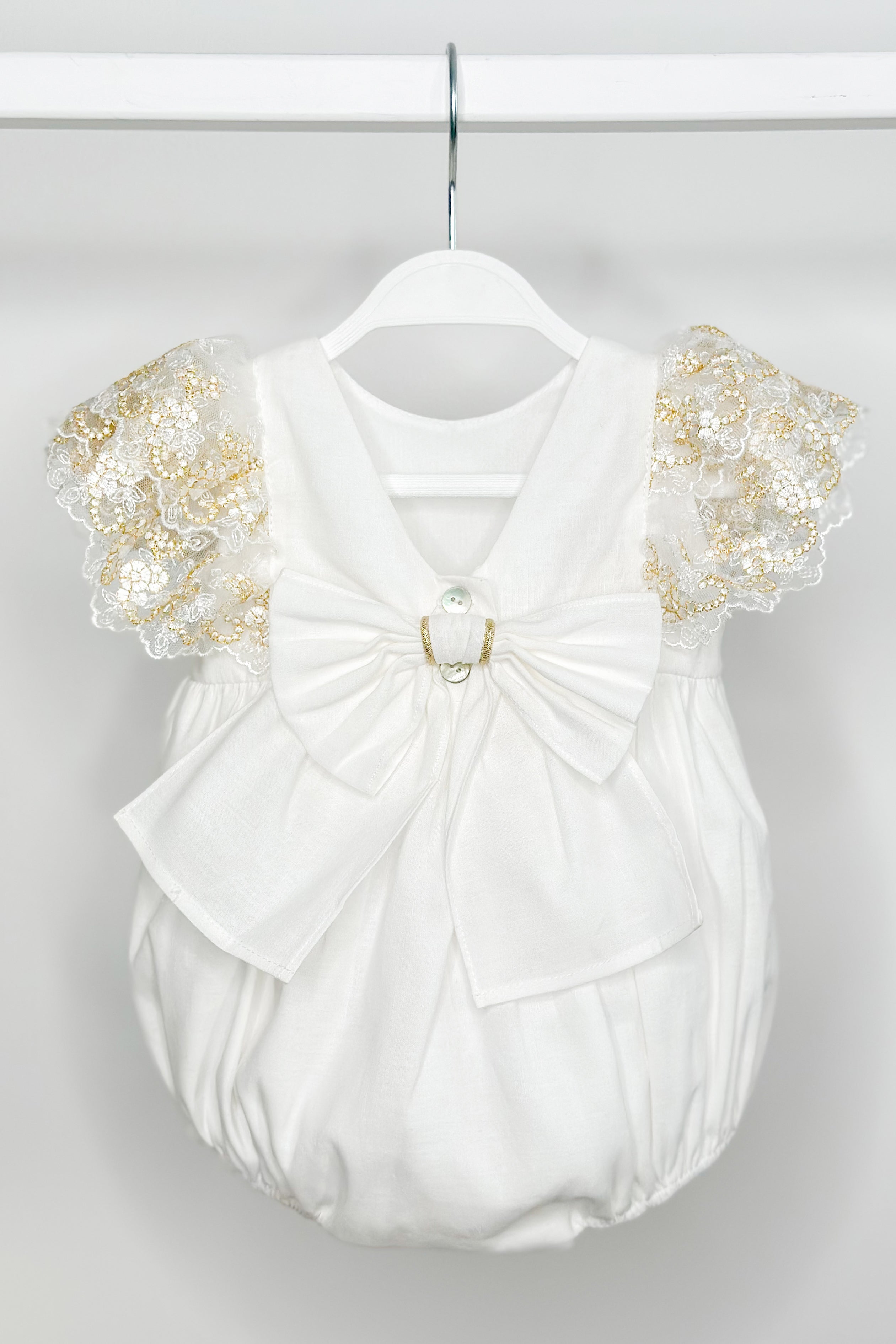 Alya Ivory Gold Lace Sleeve Romper - Elegant Women's Jumpsuit for Summer Weddings, Parties & Date Nights