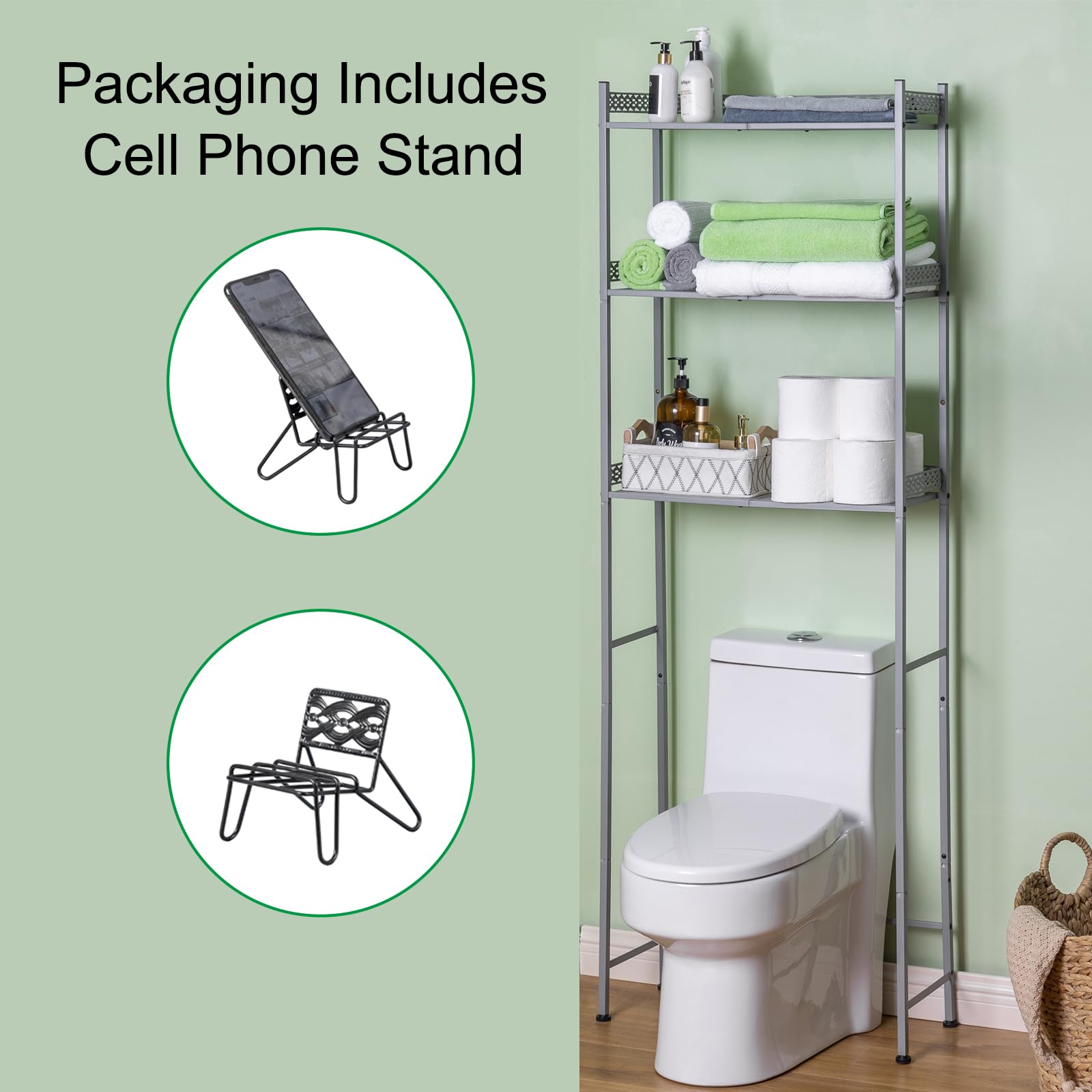 Over The Toilet Storage Shelf - Space Saving Bathroom Organizer with Metal Frame in Light Grey | Perfect for Small Bathrooms, Apartments & Powder Rooms