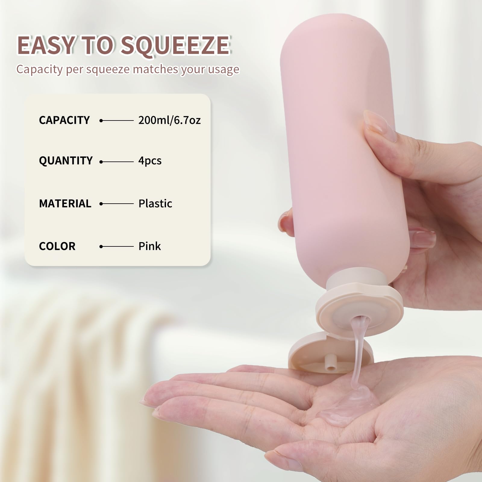 6.7oz (200ml) Empty Travel Shampoo Bottles with Flip Cap - 4 Pack Pink Plastic Squeeze Containers for Lotion, Toiletries & Cosmetics | Perfect for Camping, Gym, Air Travel & Home Use
