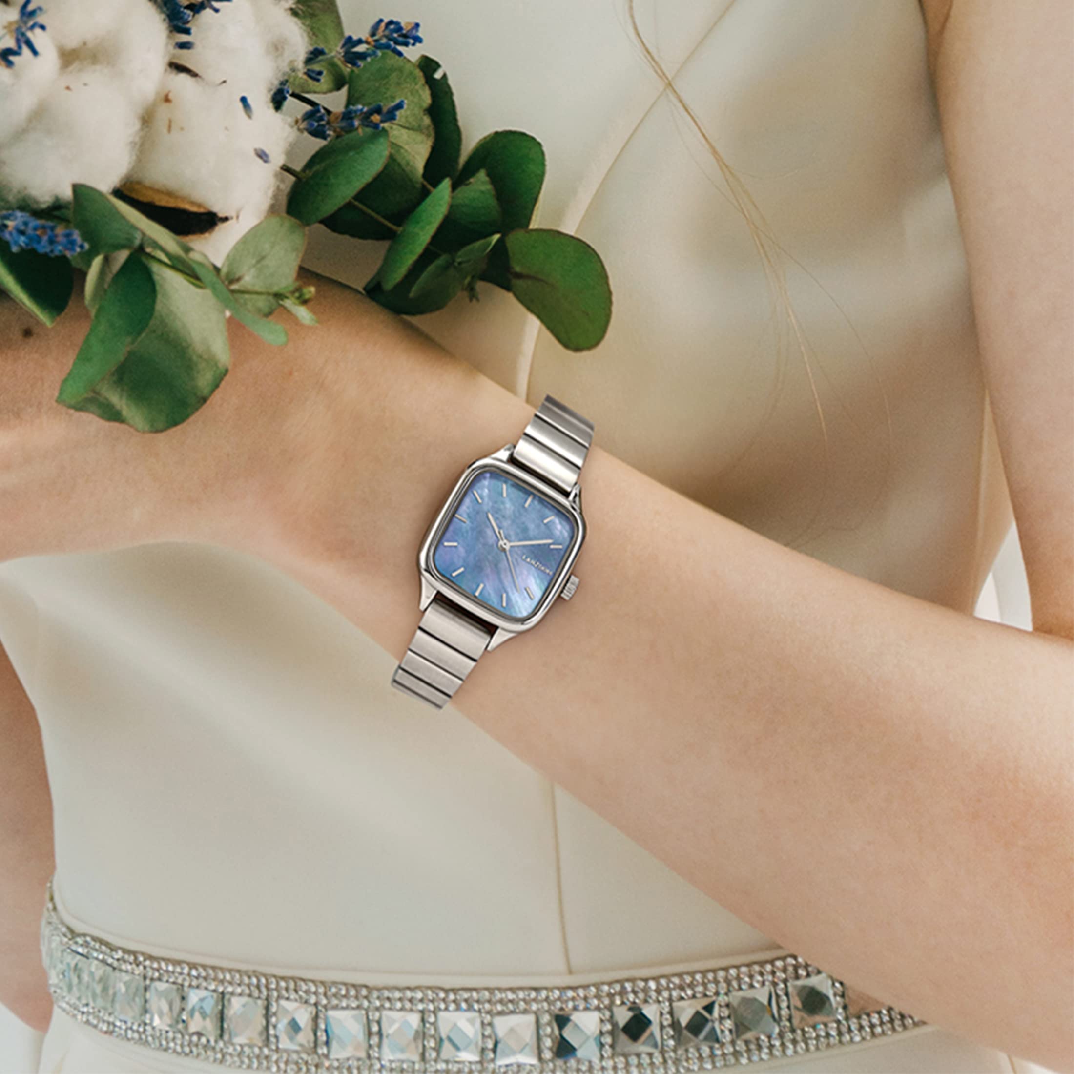 LANZOOM Women's Square Stainless Steel Quartz Watch - Fashionable & Versatile Wristwatch with Square Dial - Perfect Holiday Gift & Special Occasion Present for Her (Great for Office, Party & Everyday Wear)