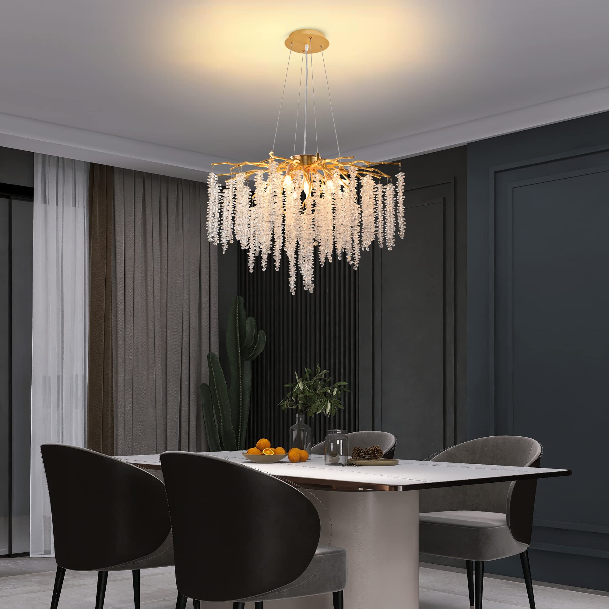Luxury Gold Crystal Tree Branches Chandelier - 9-Light Round Raindrop Pendant Ceiling Fixture with Tassel, 23.7
