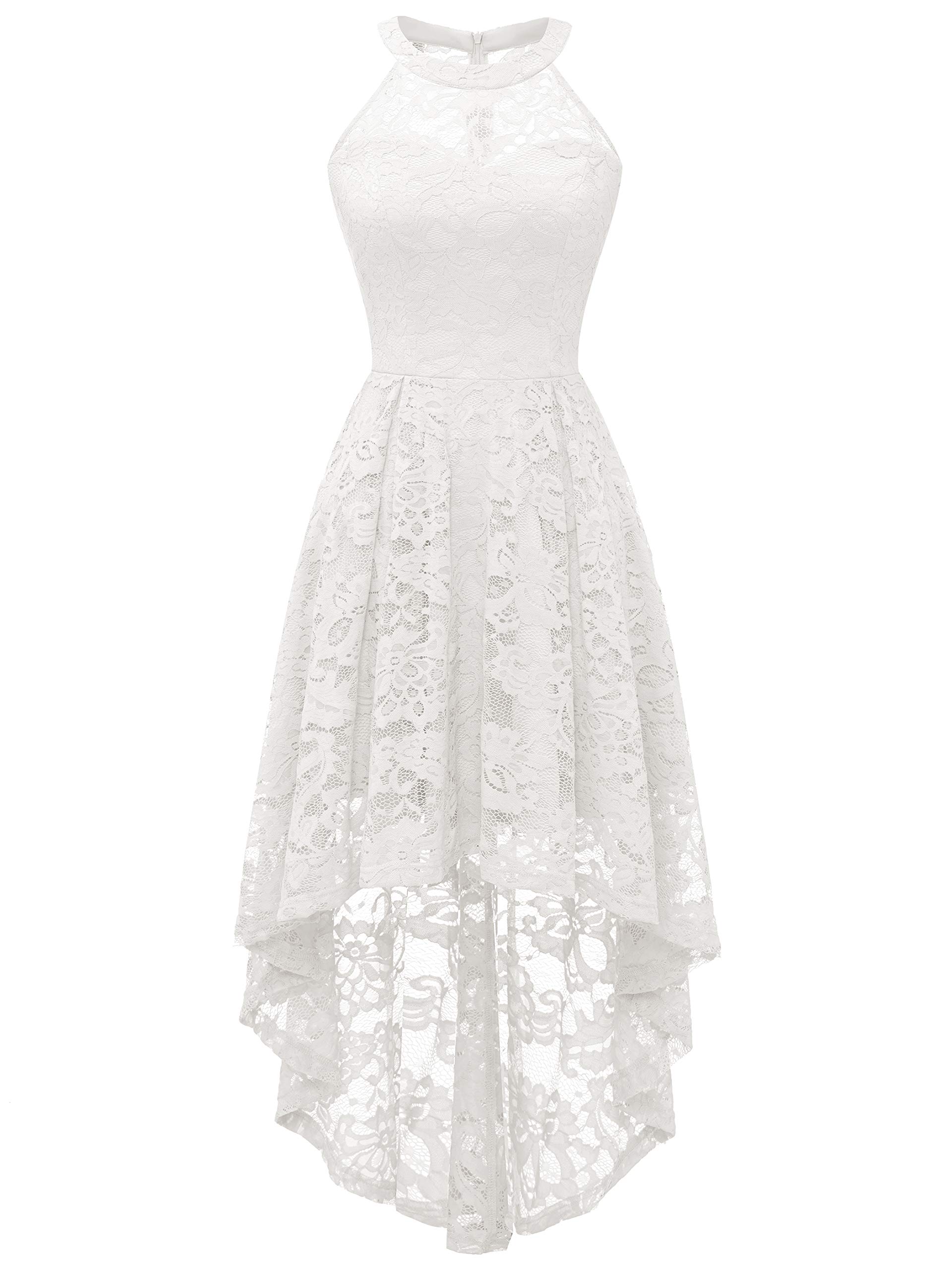 Elegant Halter Lace Cocktail Dress for Women - Wedding Guest & Bridesmaid Party Gown with Sheer Neckline Hi-Lo Hem | Perfect for Formal Events, Evening Parties & Special Occasions