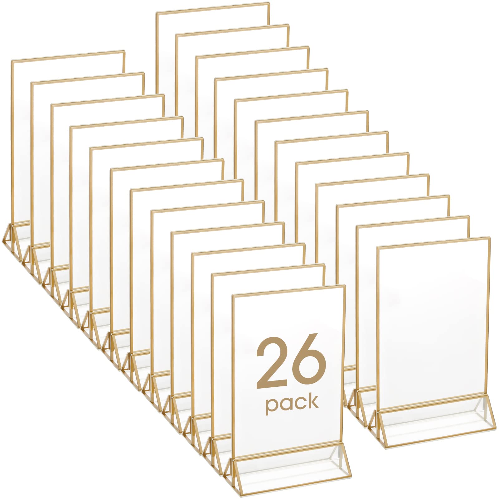26-Piece Acrylic Gold Sign Holders - Clear Double-Sided Menu Stands with Gold Borders for Wedding Table Numbers, Recipe Cards & Photo Displays (4x6 Inch) - Perfect for Restaurants, Events & Retail Displays
