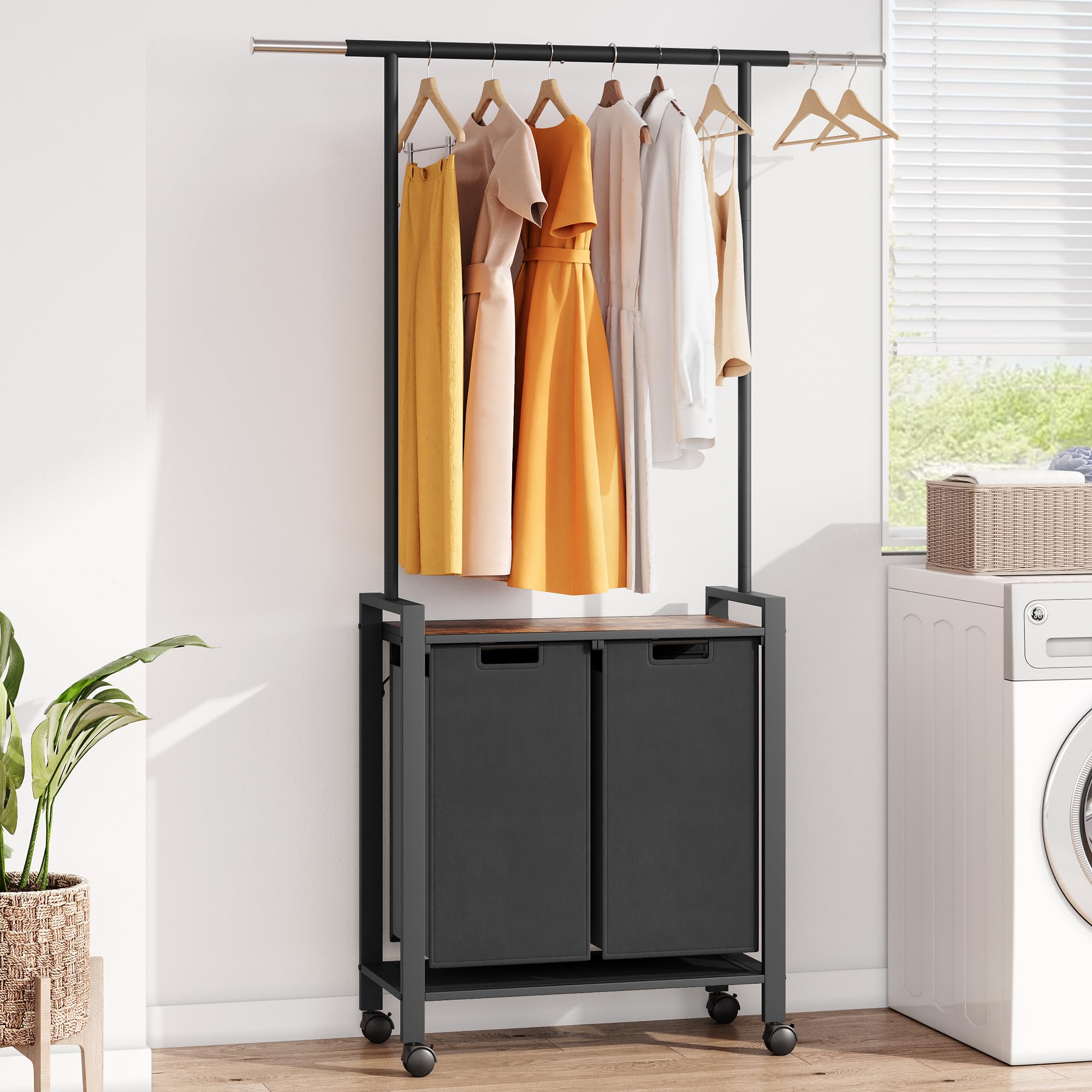 2-Section Rolling Laundry Hamper with Hanging Bar & Wheels - Heavy Duty Clothes Organizer for Bedroom, Bathroom, Dorm - Perfect for Sorting Dirty Clothes & Hanging Garments