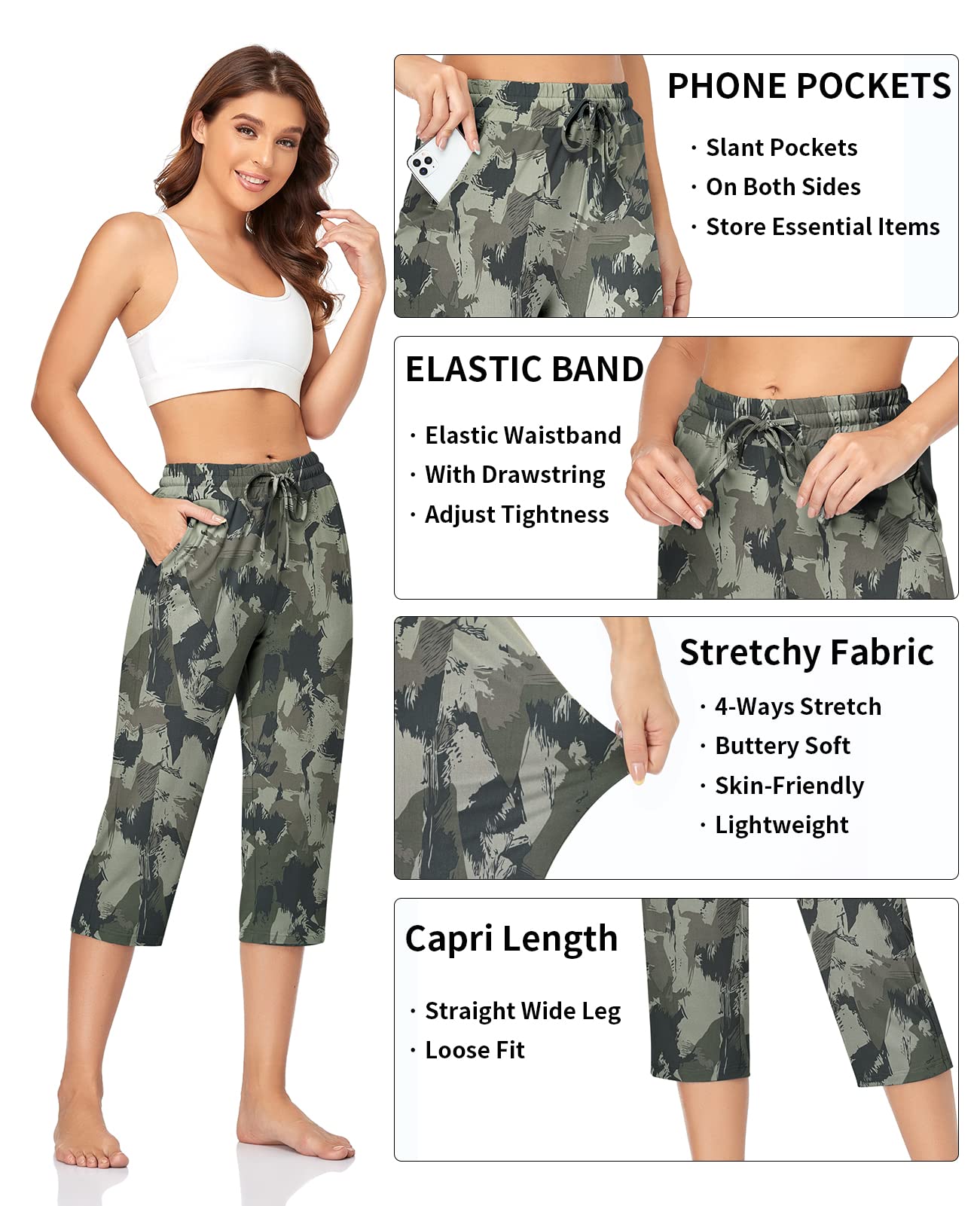 TARSE Women's Capri Yoga Pants - Soft Loose Fit Workout Sweatpants with Drawstring & Pockets for Yoga, Running, Gym, Lounge & Casual Wear