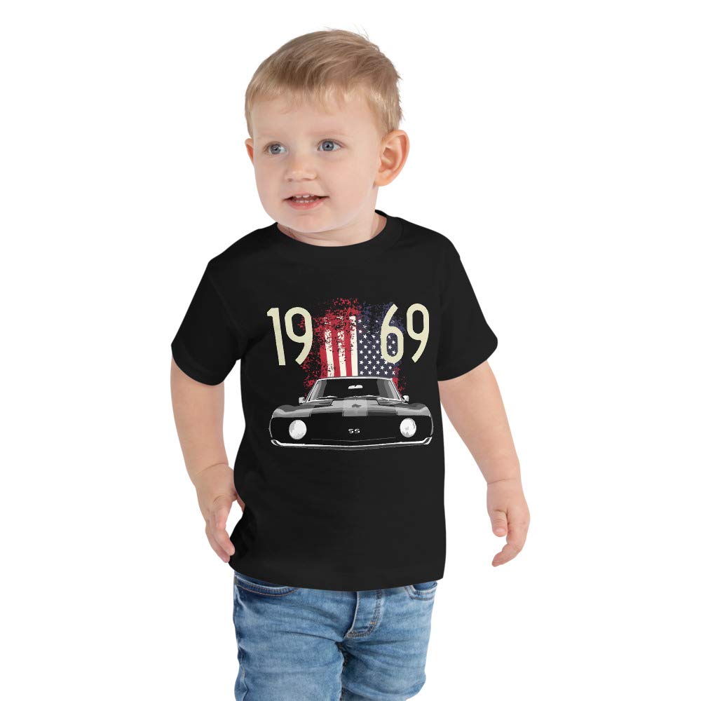 1969 Camaro SS American Muscle Car Toddler T-Shirt - Black Cotton Short Sleeve Tee for Boys & Girls - Perfect for Car Shows, Birthday Parties & Casual Wear