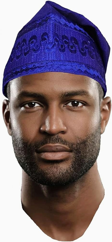 Handwoven Royal Blue African Aso Oke ỌláFìlà Kufi Cap Hat - Traditional Yoruba Embroidered Fila for Men - Perfect for Weddings, Cultural Events & Special Occasions