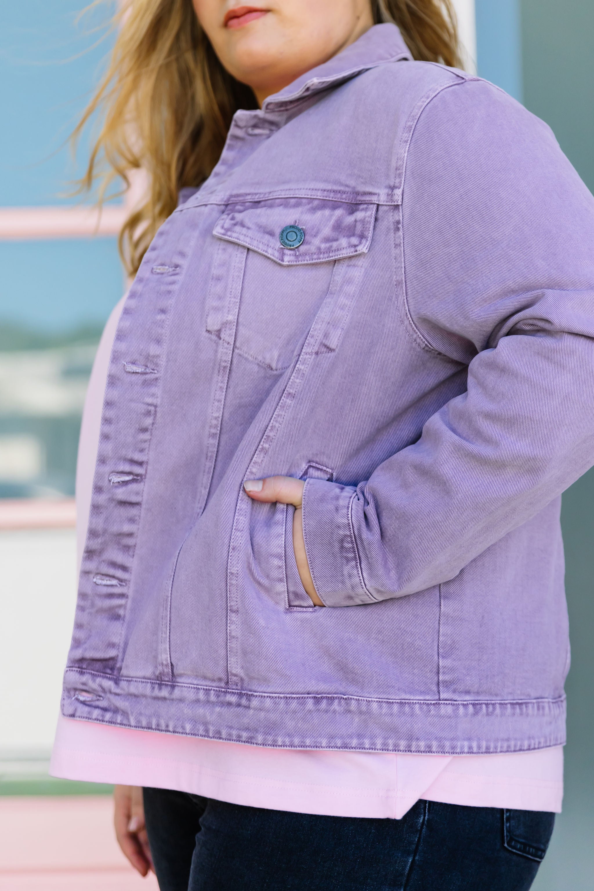 Hayden Boyfriend Denim Jacket in Washed Purple | Vintage Style Women's Distressed Denim Jacket | Perfect for Casual Outfits, Streetwear & Fall Layering