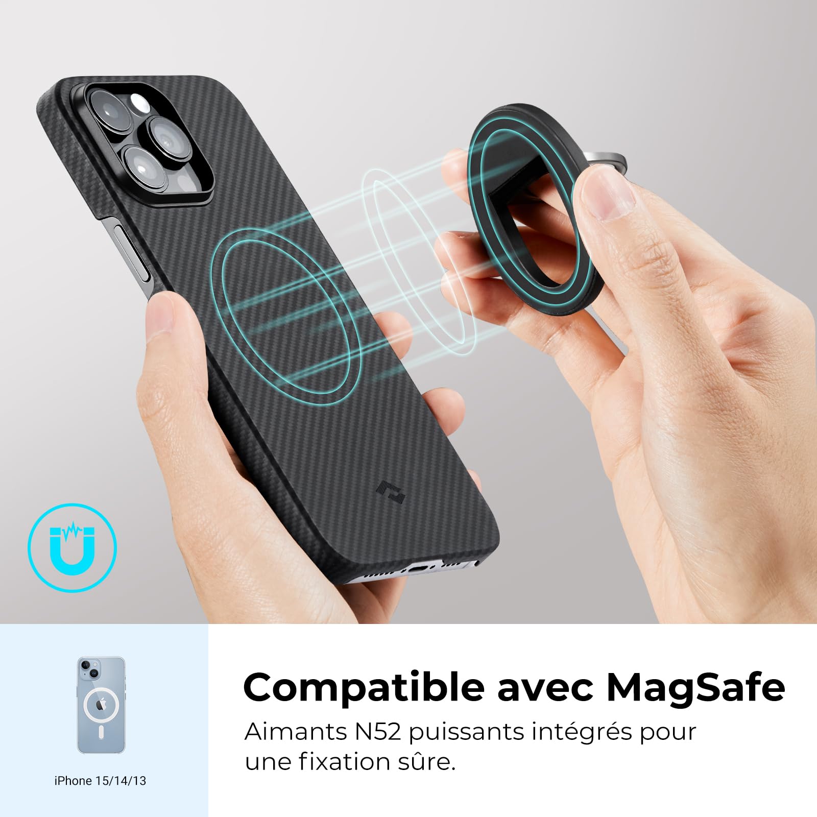 PITAKA MagEZ Grip 2 Magnetic Phone Ring Holder - Compatible with iPhone 15/14/13/12 Magsafe, Adjustable Finger Grip, Premium Aramid Fiber Case Accessory (Black/Grey) - Perfect for One-Hand Use, Gaming, and Secure Phone Handling