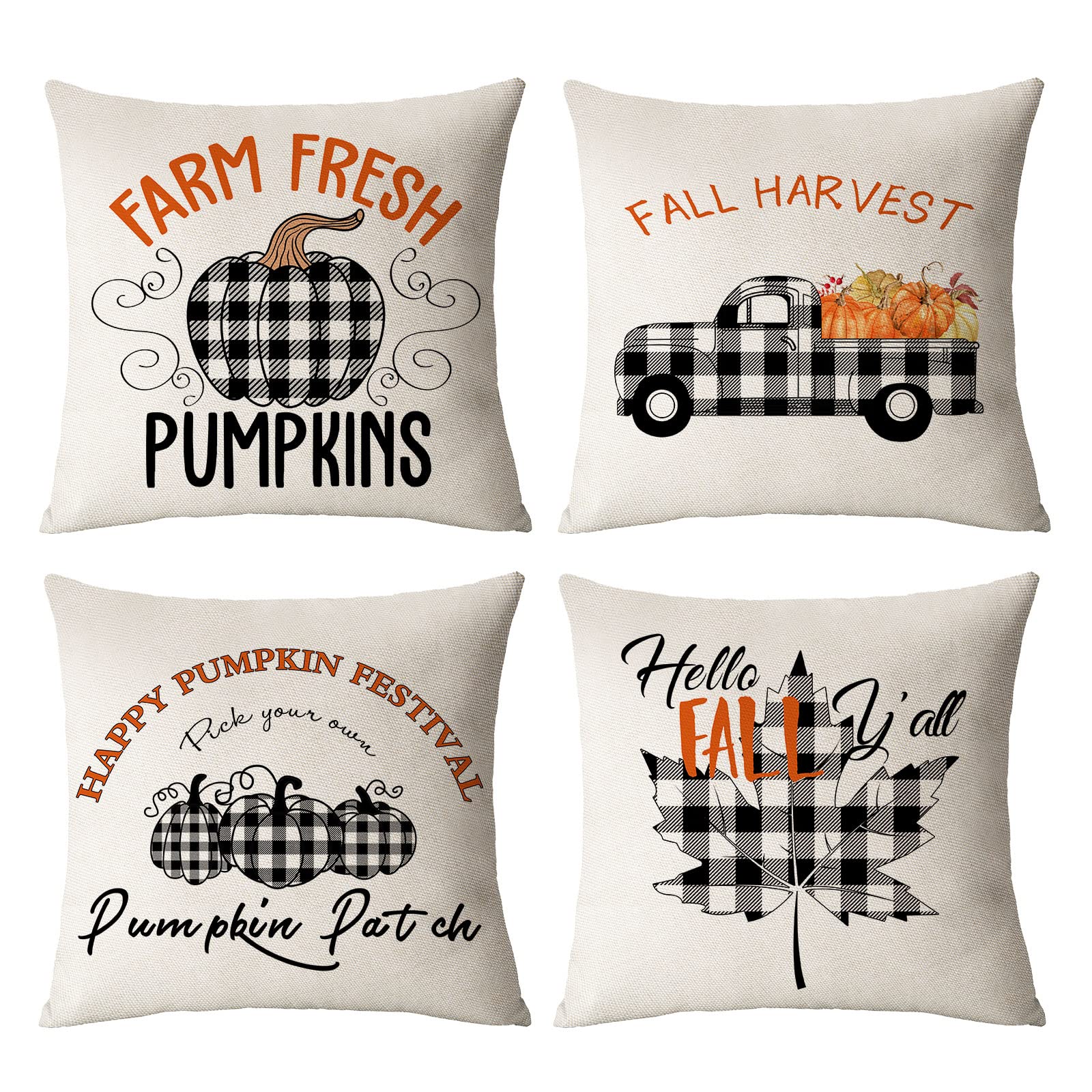 4 Pack 18x18 Inch Fall Pillow Covers - Plaid Pumpkin & Autumn Leaves Thanksgiving Decor for Sofa, Couch, Outdoor - Seasonal Home Decor for Living Room, Porch, and Autumn Theme Parties (18x18 Inches)