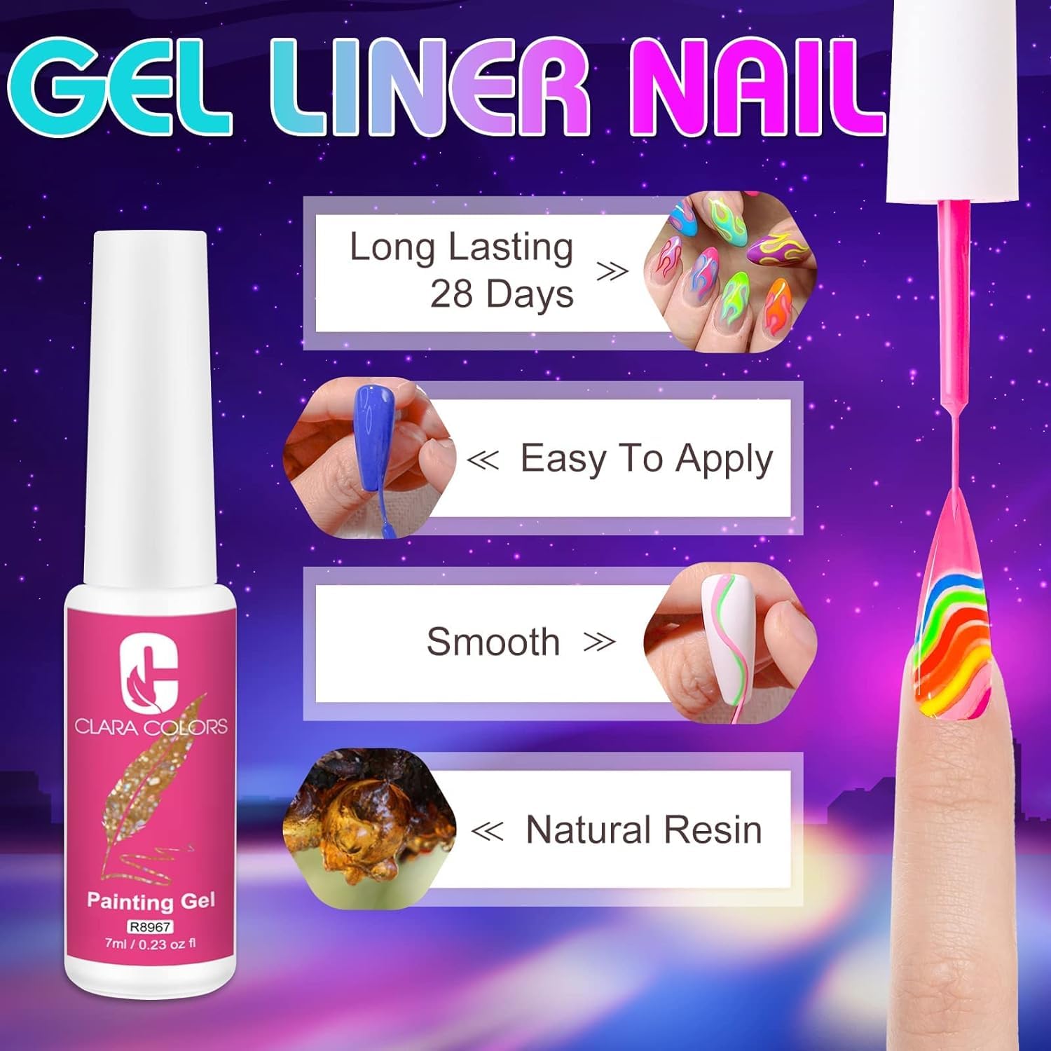 Clara Colors 12-Piece Glow in the Dark Gel Nail Art Liner Set - UV/LED Soak Off Polish with Thin Brush for Swirl Designs | Perfect for Nail Salon Professionals & DIY Home Manicures
