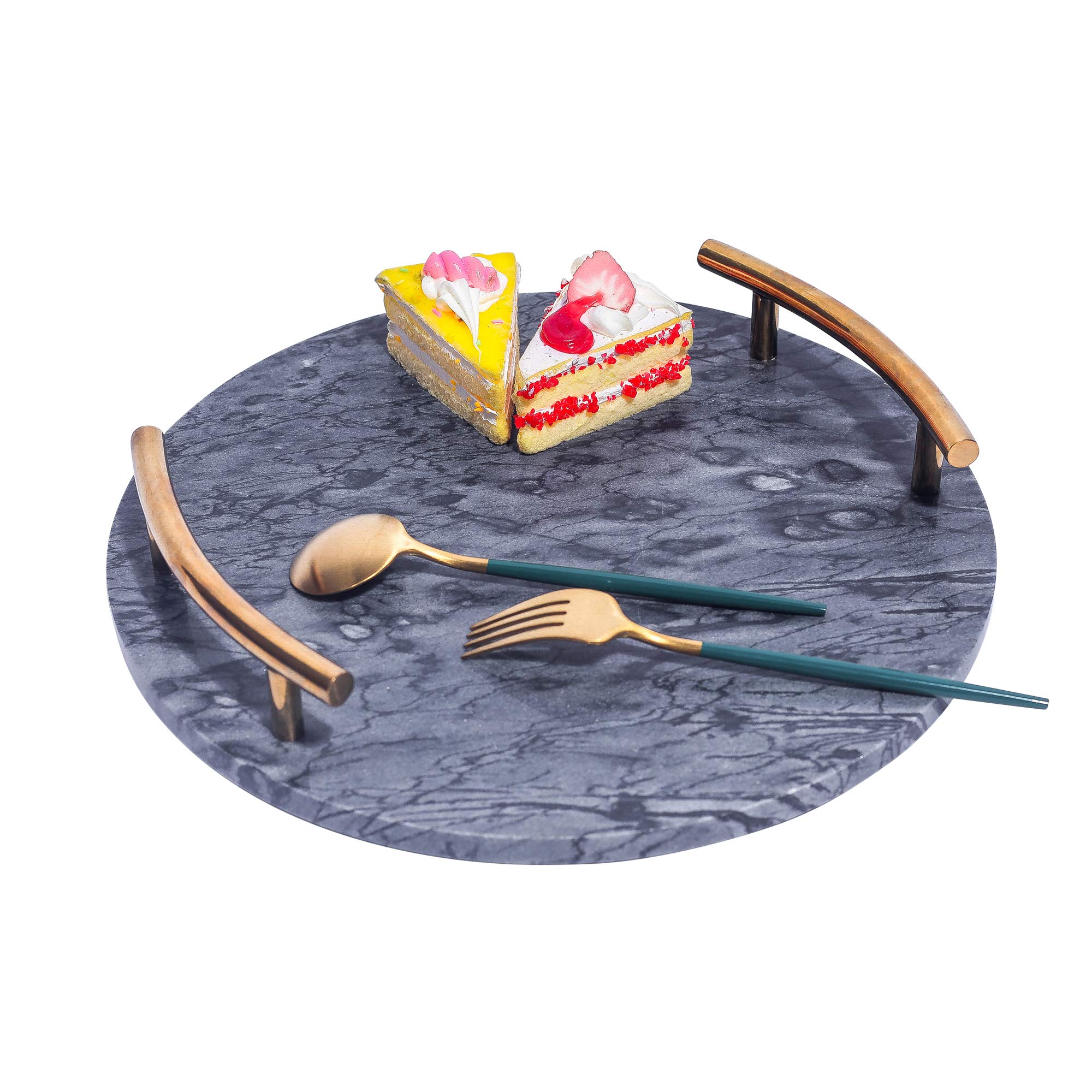 Grey Marble Round Decorative Tray with Gold Handles - Multipurpose, Spacious, Durable for Home Decor, Bathroom Organizer, or Coffee Table Centerpiece