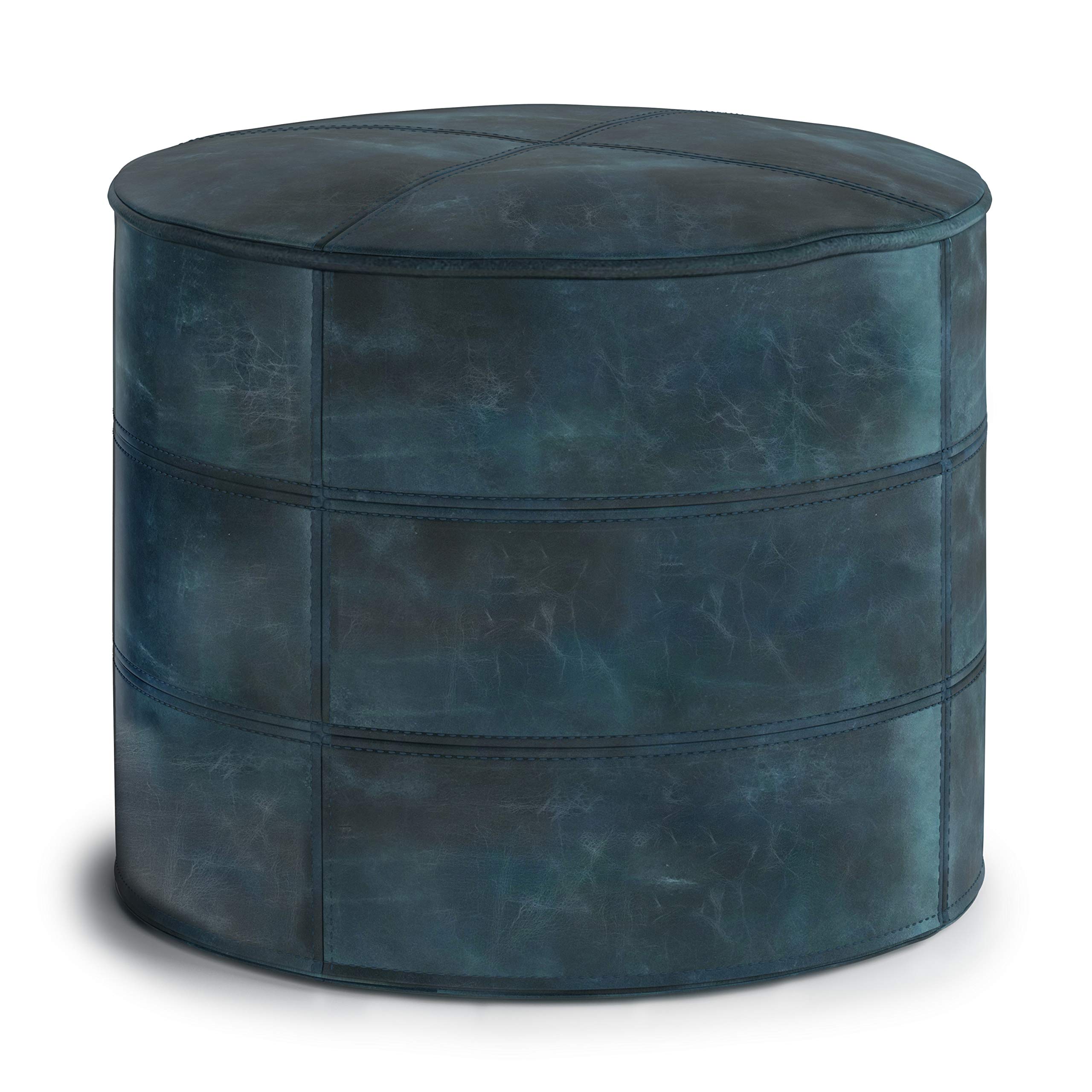 SIMPLIHOME Connor Boho Round Pouf - Distressed Teal Blue Leather Footstool & Footrest, Upholstered Ottoman for Living Room, Family Room, Bedroom - Perfect for Relaxing, Extra Seating & Home Decor
