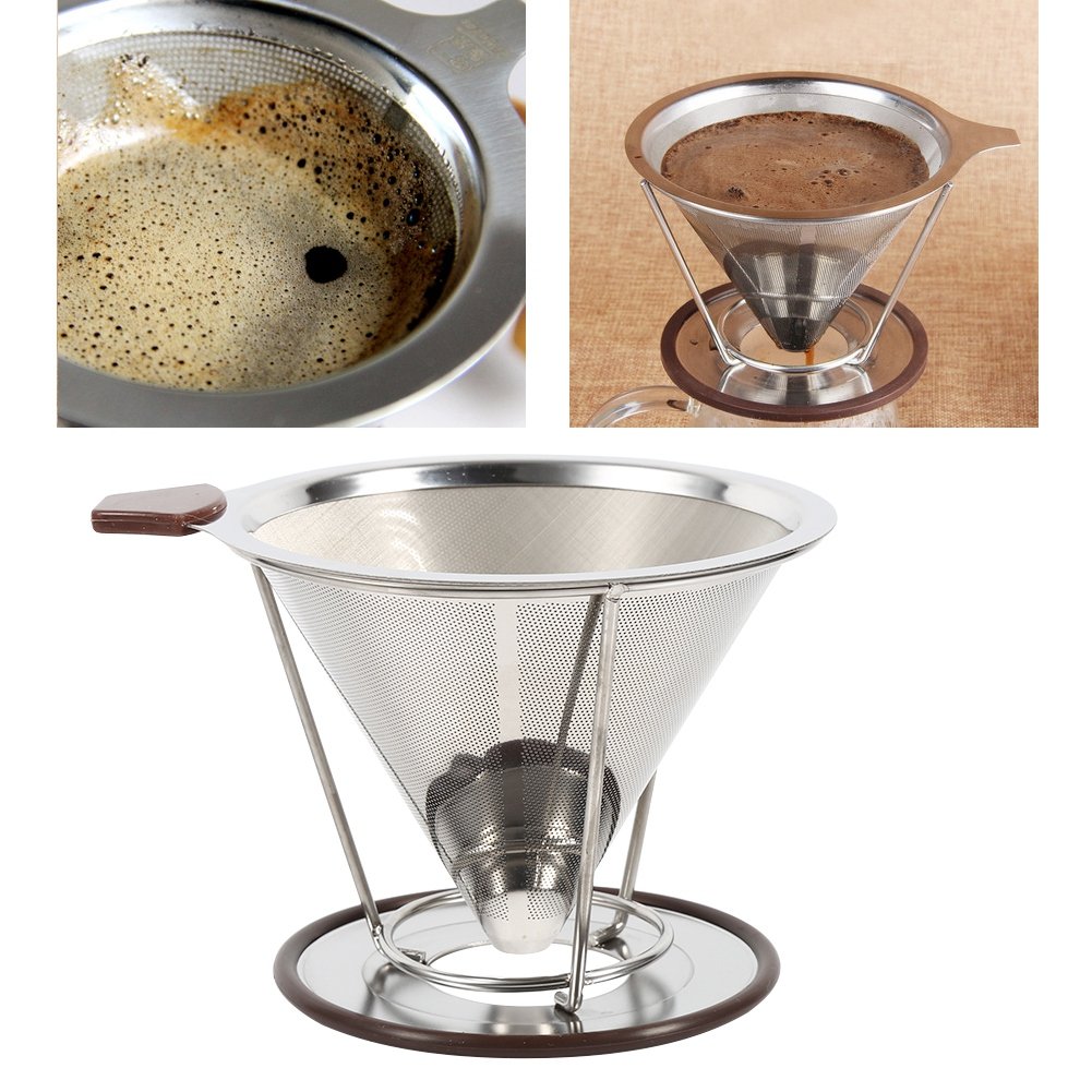 Premium Stainless Steel Pour Over Coffee Dripper - Reusable Slow Drip Coffee Filter with Double Mesh Liner & Cup Stand | Paperless Single Cup Coffee Maker for Home, Office & Camping | Perfect Gift for Coffee Lovers