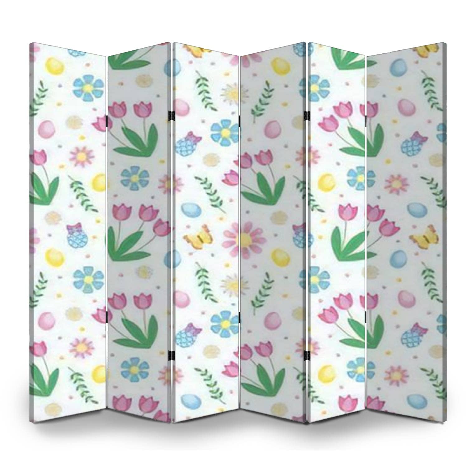 6 Panel Folding Privacy Screen - Floral Spring Design with Butterflies, Rabbits & Easter Eggs - Decorative Room Divider for Home Office, Bathroom, Dorm | Portable Partition Wall for Workspace & Personal Space