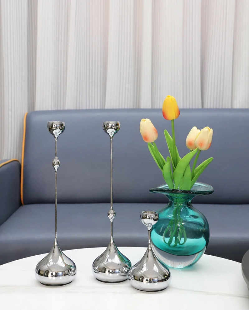 Elegant Chrome Drop Dining Candle Holder Set - Modern Table Centerpiece for Romantic Dinners, Wedding Decor & Home Ambiance Lighting