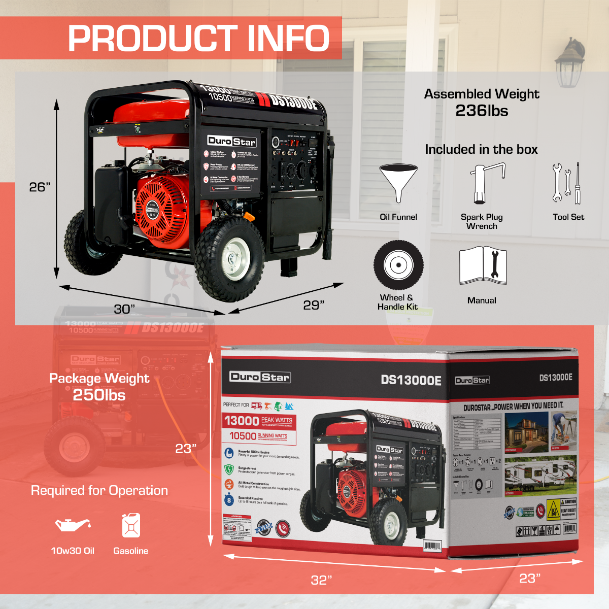 DuroMax DuroStar DS13000E 10500W 13000W Portable Gas Generator with Electric Start - XP13000E Red Version for Home Backup Power, Camping & Emergency Use