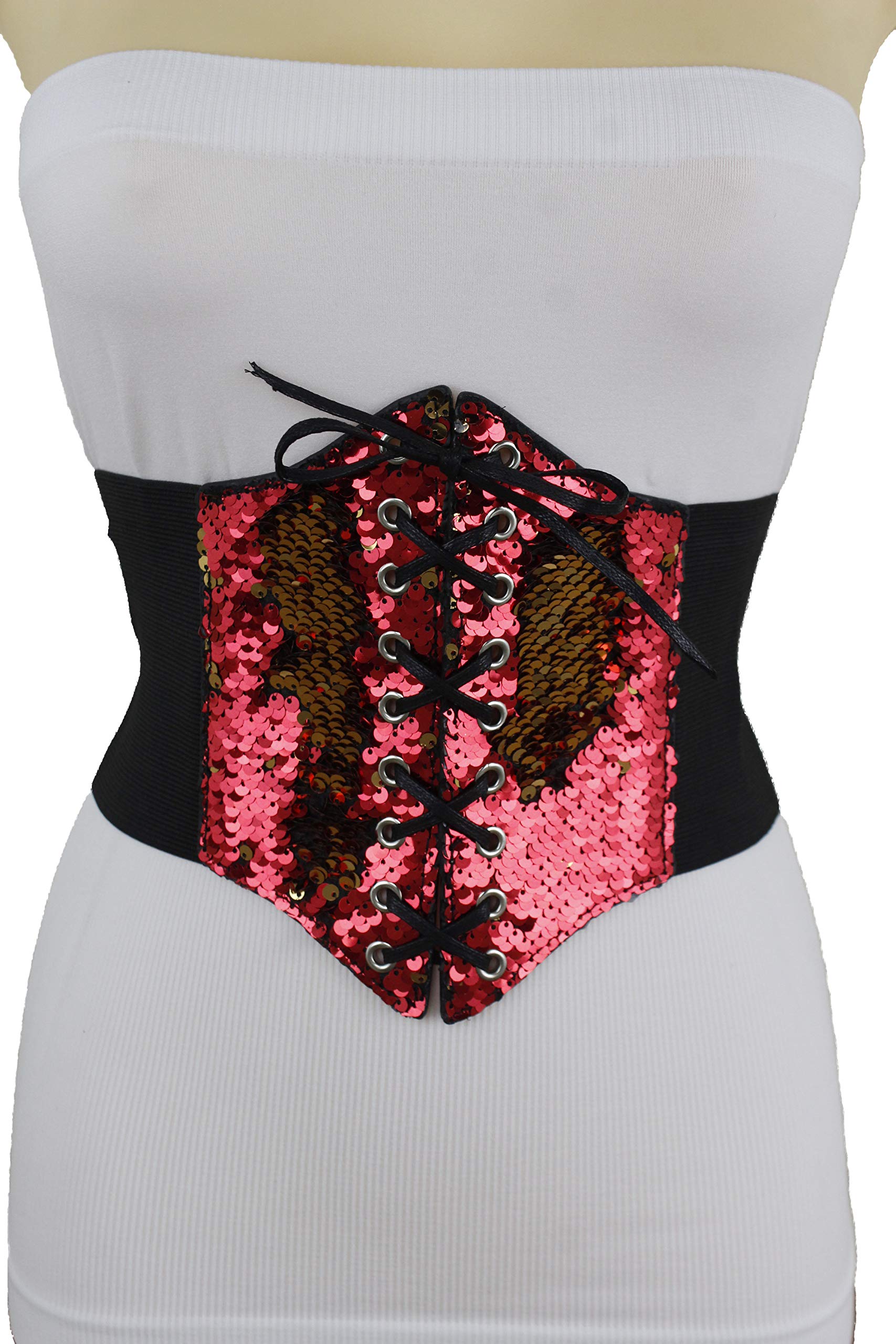 TFJ Women's Wide Elastic Waistband Corset Belt - High Waist Shapewear with Bling Red Gold Sequins for Tummy Control (Sizes S/M) | Perfect for Dresses, Tops & Body Shaping
