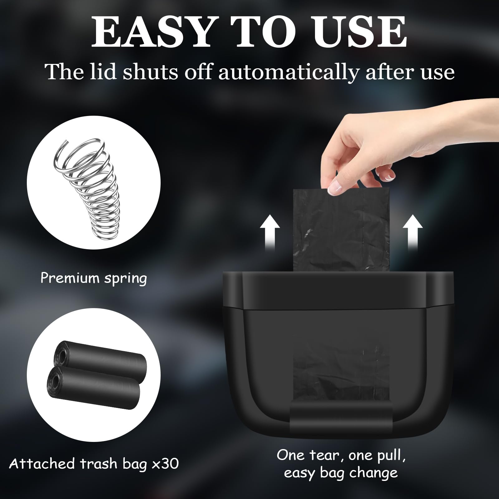 **Leak-Proof Car Trash Can with Lid & 60 Trash Bags – Universal Mini Waste Bin for Vehicles, Office, Home – Organizer & Storage Accessories for Front Seat (Black) – Perfect for Road Trips, Commuting & Travel**