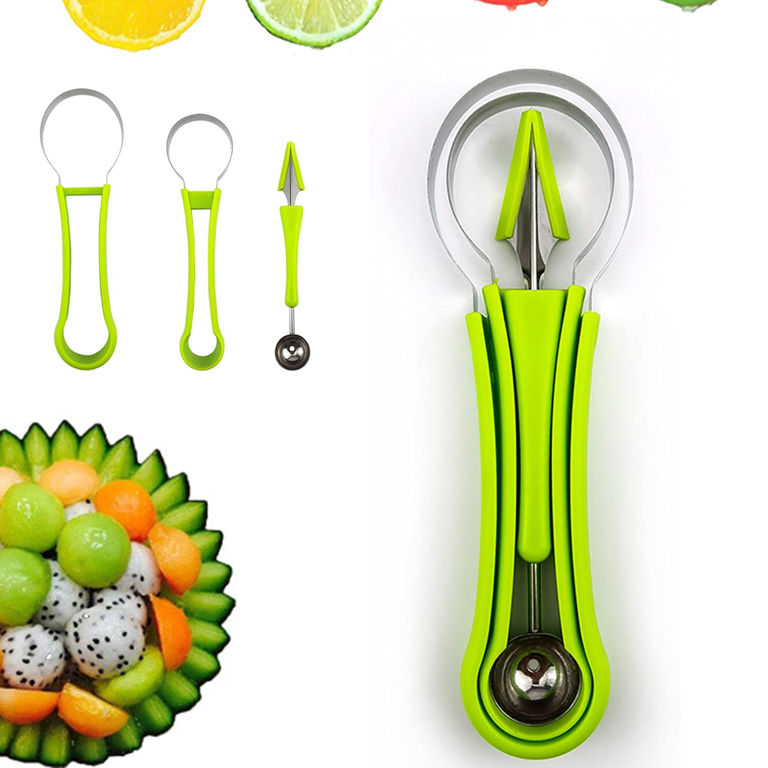 4-in-1 Multi-Function Fruit Carving Tool Set - Watermelon Baller, Melon Scoop, Cantaloupe Peeler & Kitchen Decorator | Perfect for Fruit Platters, Party Food Garnishing & Professional Kitchen Use