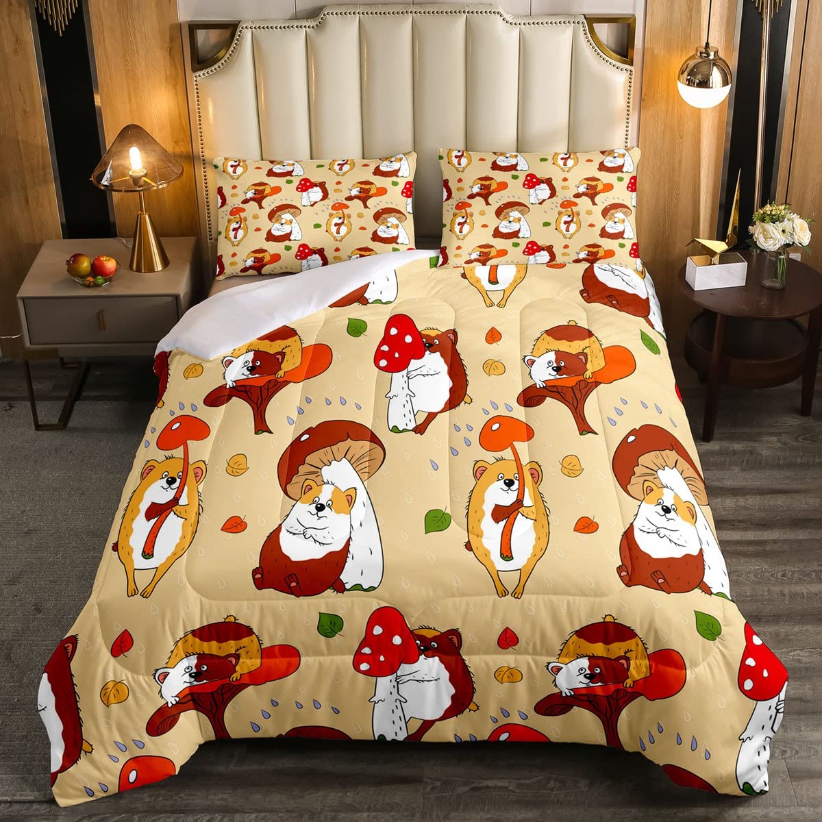 Cartoon Guinea Pig & Rustic Red Mushroom Comforter Set Full Size - Soft Brushed Microfiber Bedding with Autumn Leaves Design for Kids' Room Decor | Cozy Seasonal Quilt for Children's Bedroom
