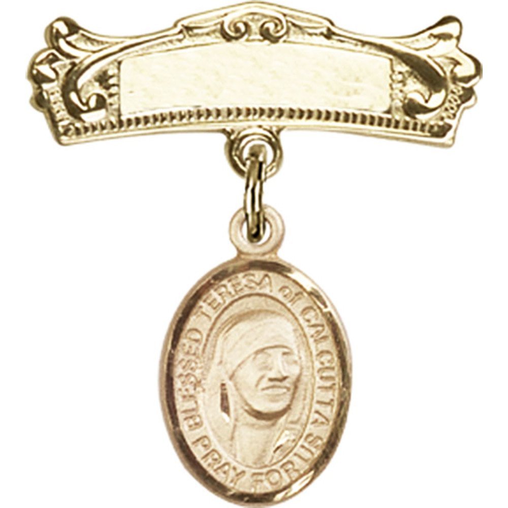 Gold Filled Baby Badge with St. Teresa of Calcutta Charm - 7/8 X 3/4 Inch Arched Polished Pin - Perfect for Baptism, First Communion & Religious Jewelry Gifts